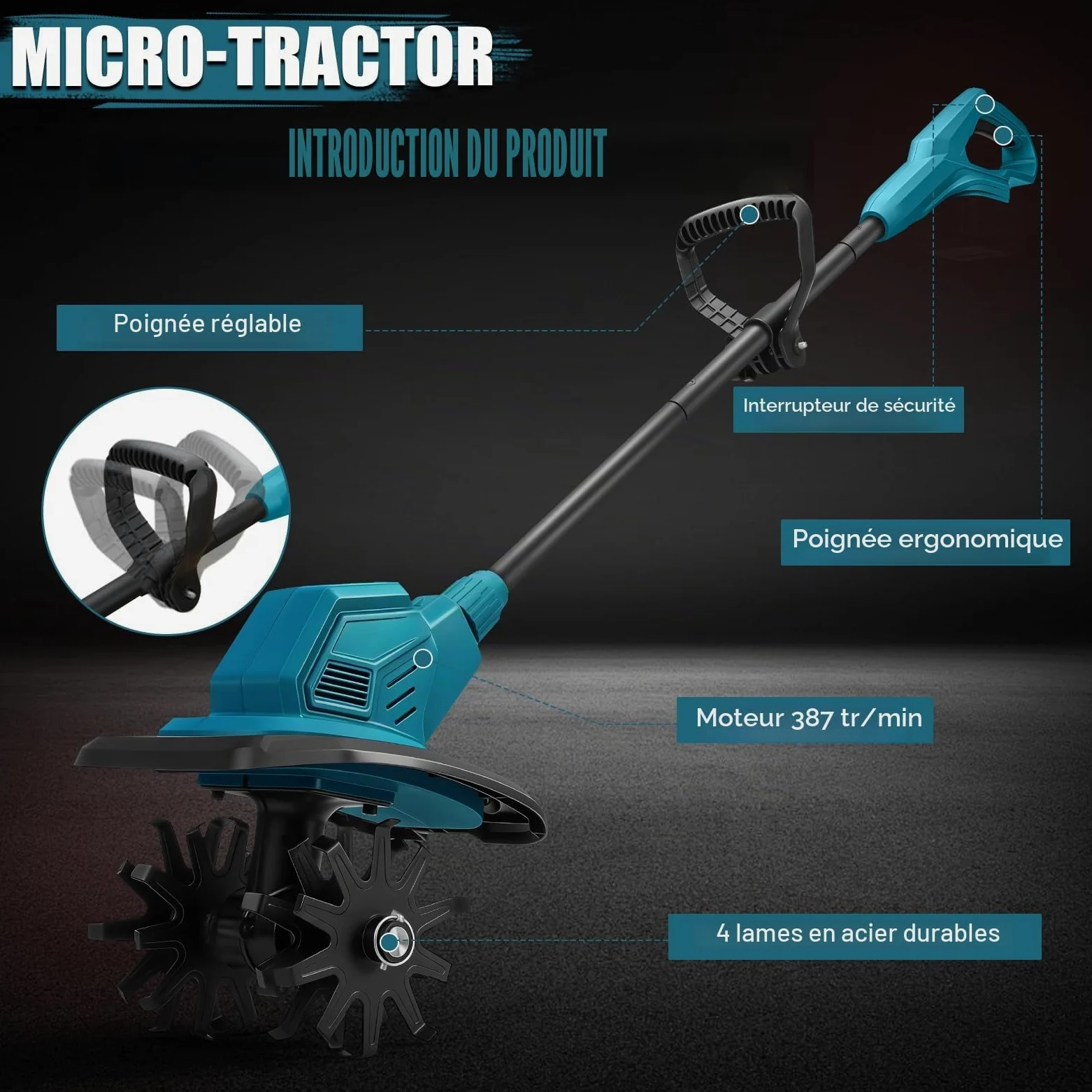 WingFly Motobineuse sans Fil pour Makita 18 V Batterie, Vitesse 387 TR/Min | 800 W motoculteur électrique, moteur sans balais, profondeur de travail 18 cm et largeur de travail 20 cm (sans batterie)