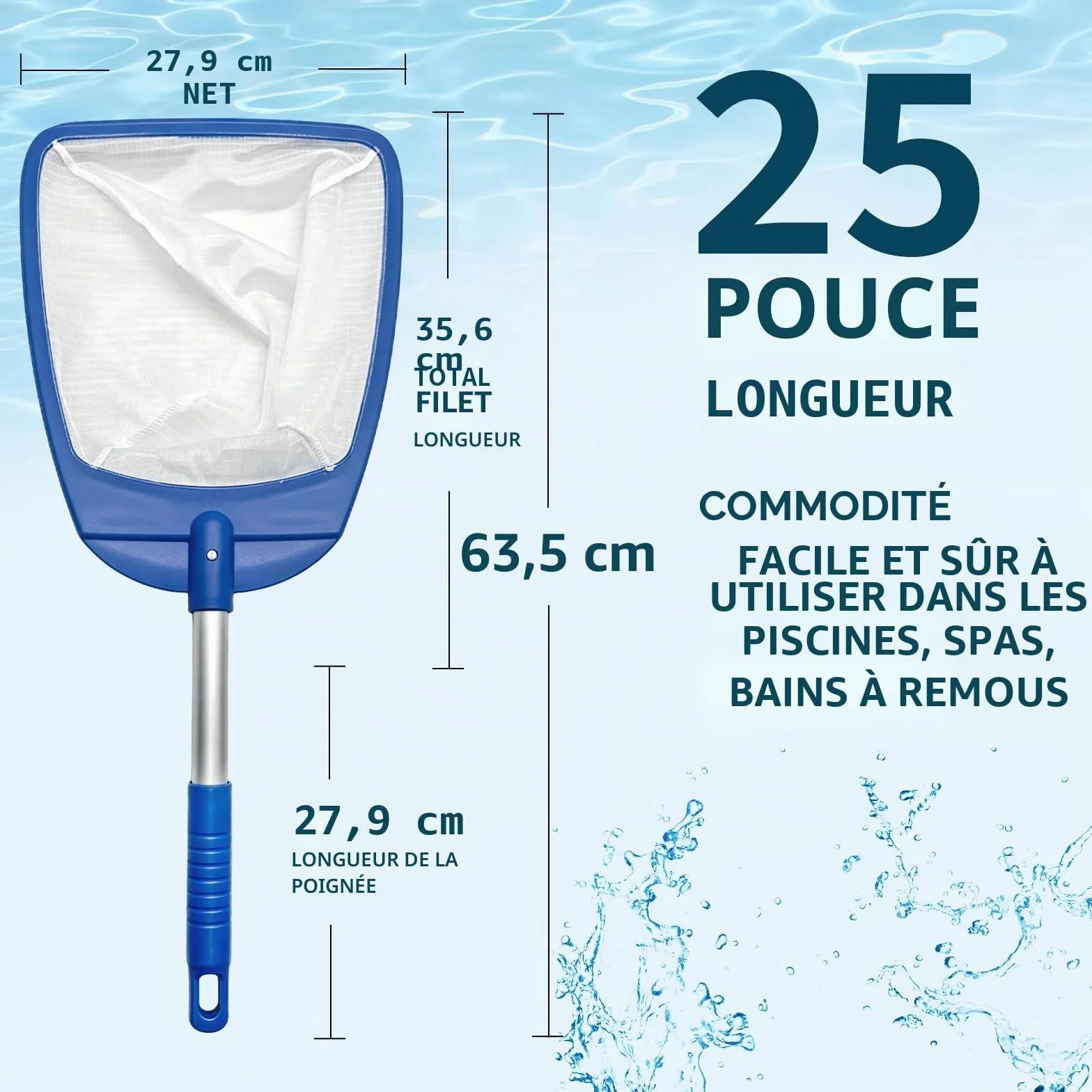 POOLIFE Épuisette de piscine avec poignée, filet à mailles ultra fines
