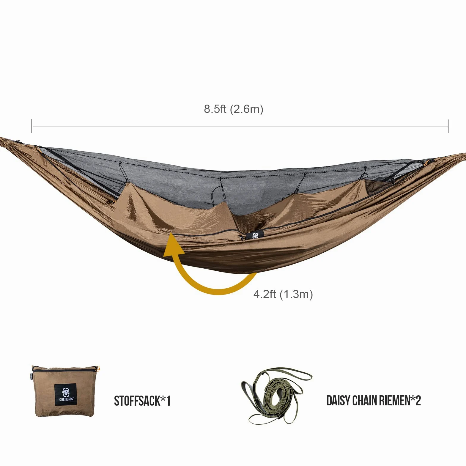 OneTigris KOMPOUND hamac de Voyage 1 Personne hamac extérieur avec moustiquaire |Emballage MODULAIRE 260x130cm(Coyote Brown)