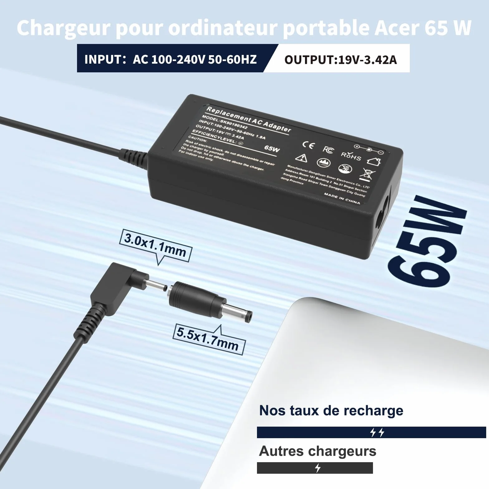 Chargeur Ordinateur Portable 65W pour Acer Aspire 3 5 15 A315 A515-44 A515-45 A515-46 A515-54 A515-55 A515-56 N20C5 N15Q8 N15Q9 N16P1 Swift Spin 5 3 1 Chromebook 11 14 15 CB3 CB5 C738T C740