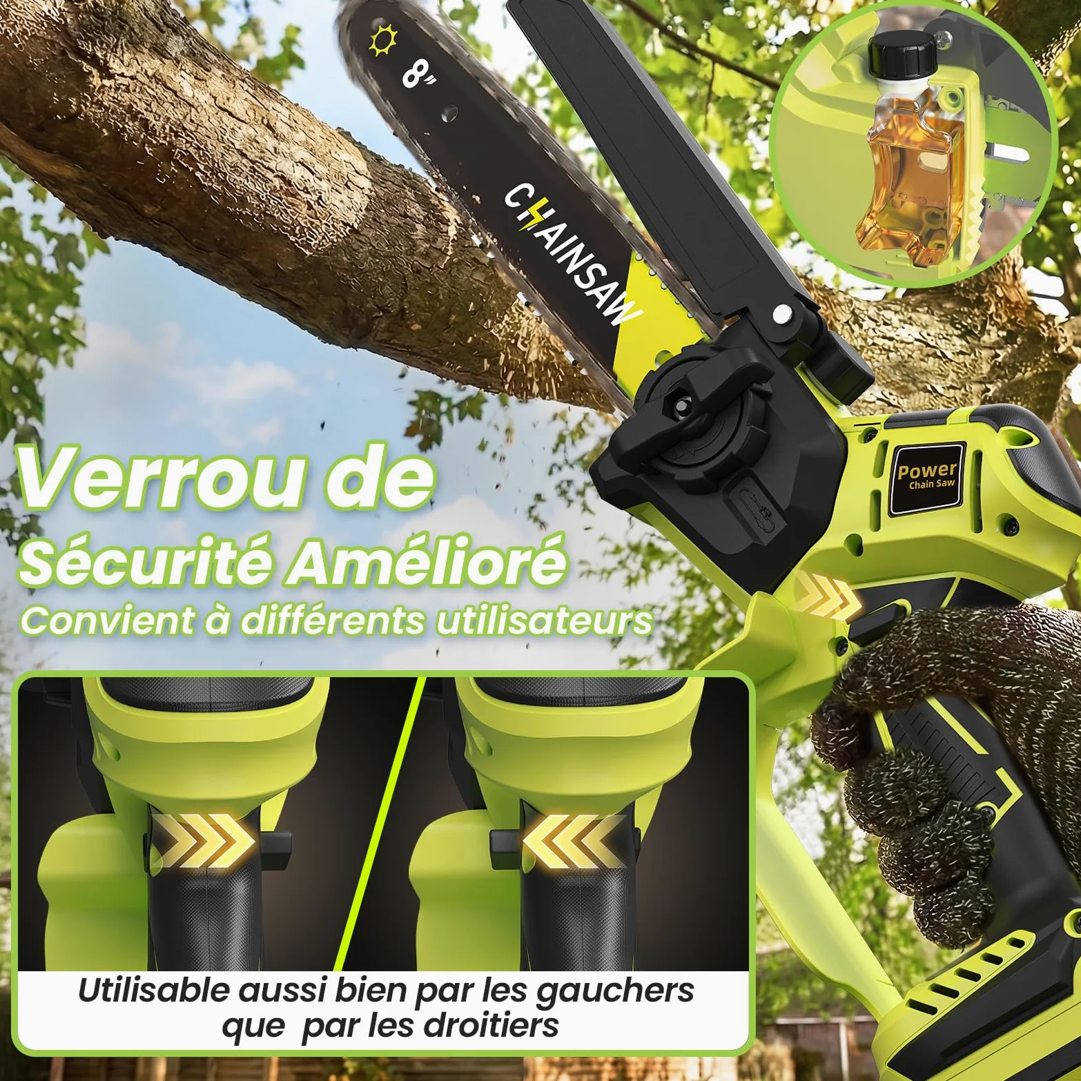 Mini Tronconneuse a Batterie 8 et 6 Pouces, 1300W Brushless Tronconneuse Electrique, 8000mAh Elagueuse Batterie Sans Fil, D'huile Automatique, Petite Tronçonneuse Compatible avec Makita pour Jardin