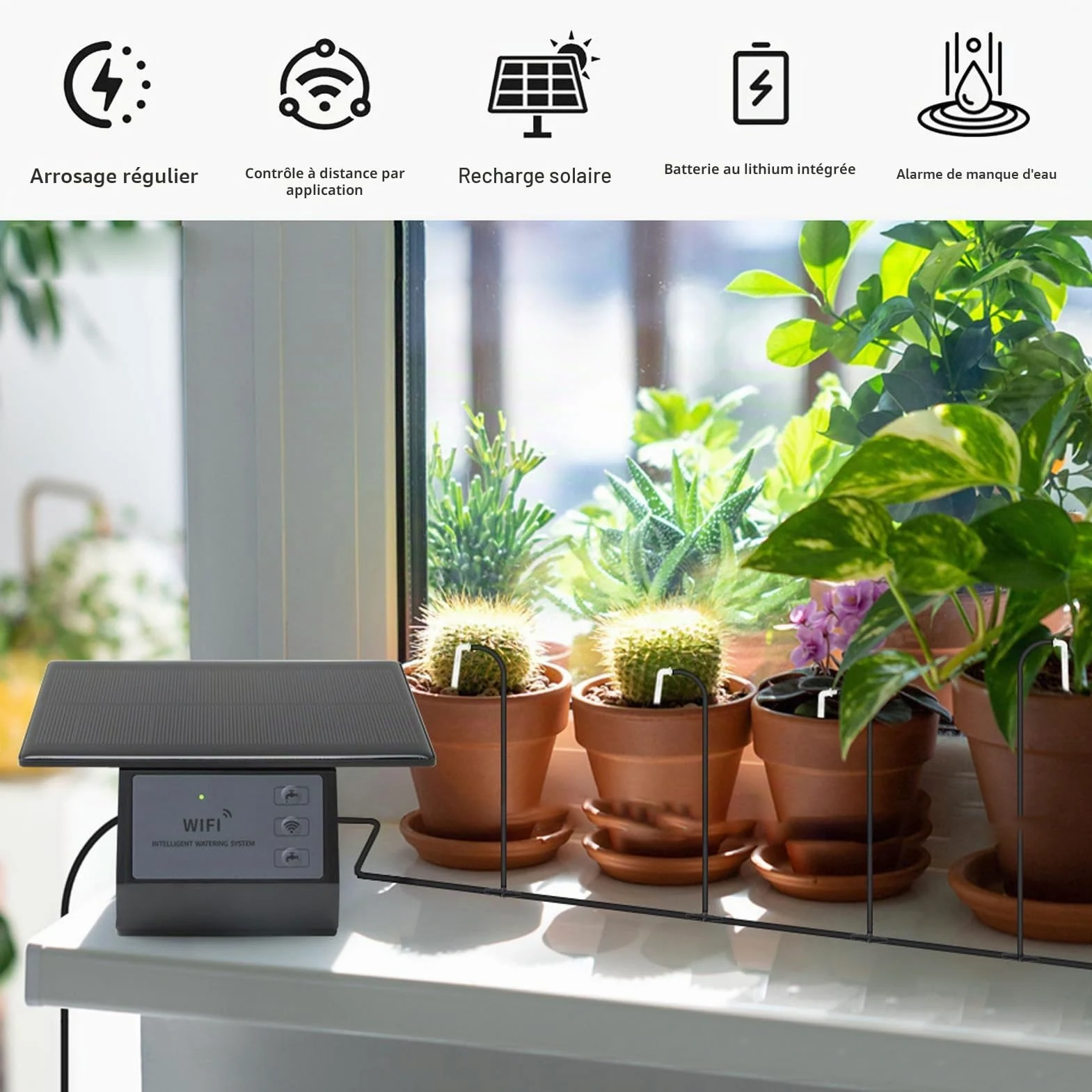 Greensen Kit d'Irrigation à Goutte Solaire avec Batterie 2000mAh, Contrôle WiFi, Système d'Arrosage Automatique pour Balcons, Jardins, Patios