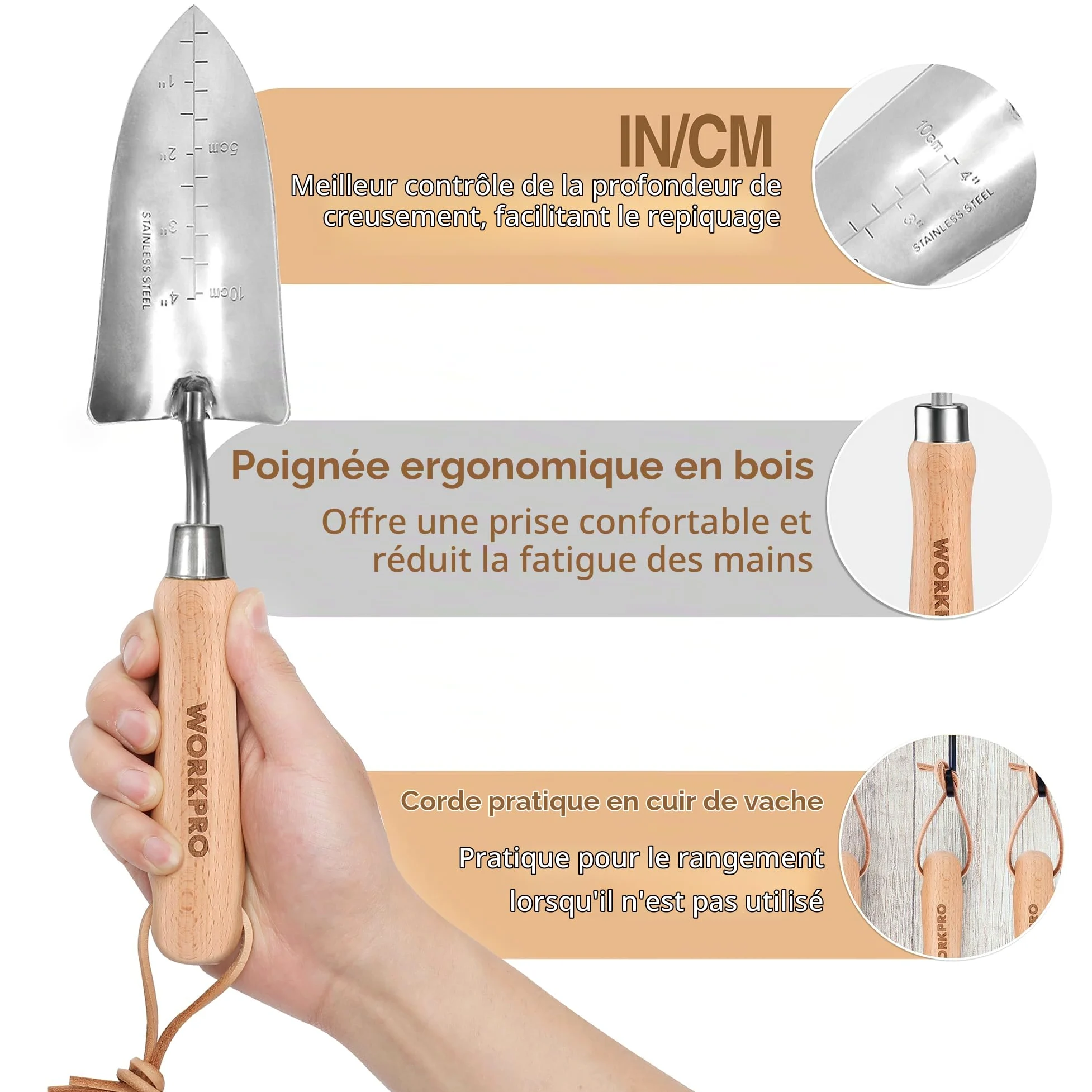 WORKPRO Ensemble d'Outils de Jardinage Rose 8 Pièces en Acier Inoxydable | Poignées en Bois, avec Sécateur, Gants, Sarcloir, Griffe, Fourche, Pelle à Terreau et Transplantoir