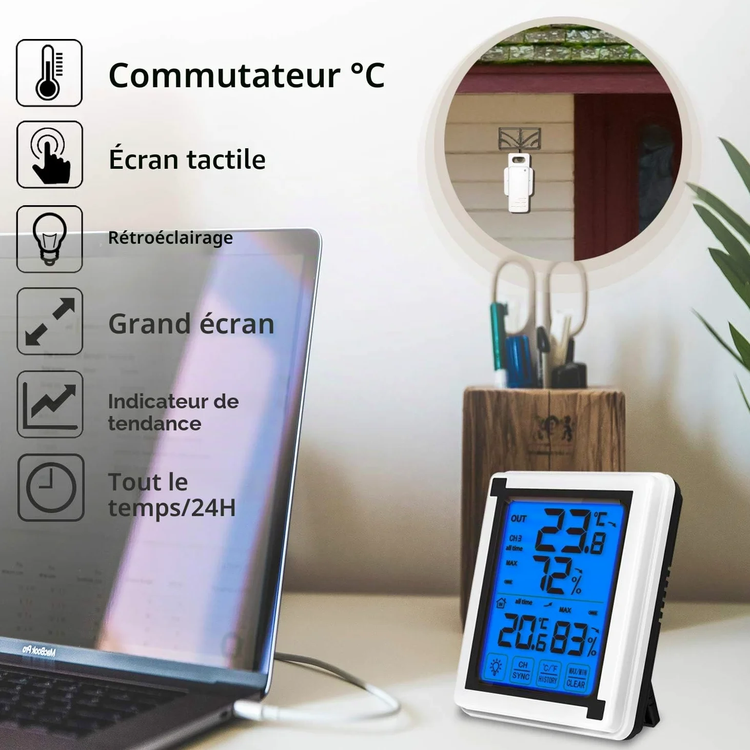 ThreeH Thermomètre extérieur Intérieur Hygromètre Numérique avec 3 Capteurs sans fil Jauge d'humidité Moniteur Température Précis avec Rétroéclairage LCD à écran tactile (3 capteurs)