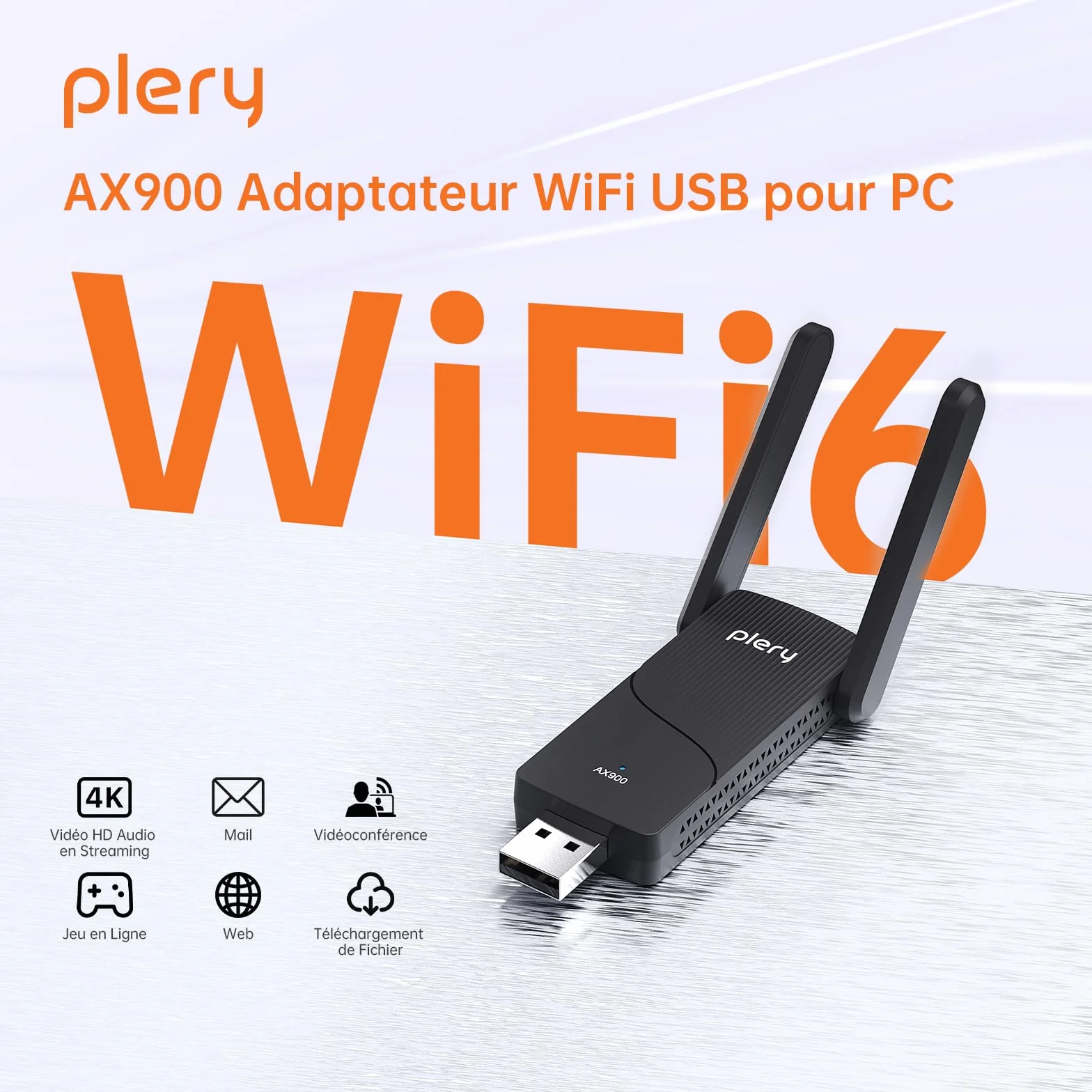 Clé WiFi 6 AX900 Adaptateur USB sans Fil Double Bande 5GHz 2.4GHz Bluetooth 5.3 Antenne Gain Élevé WPA3 Compatible Windows 11 10