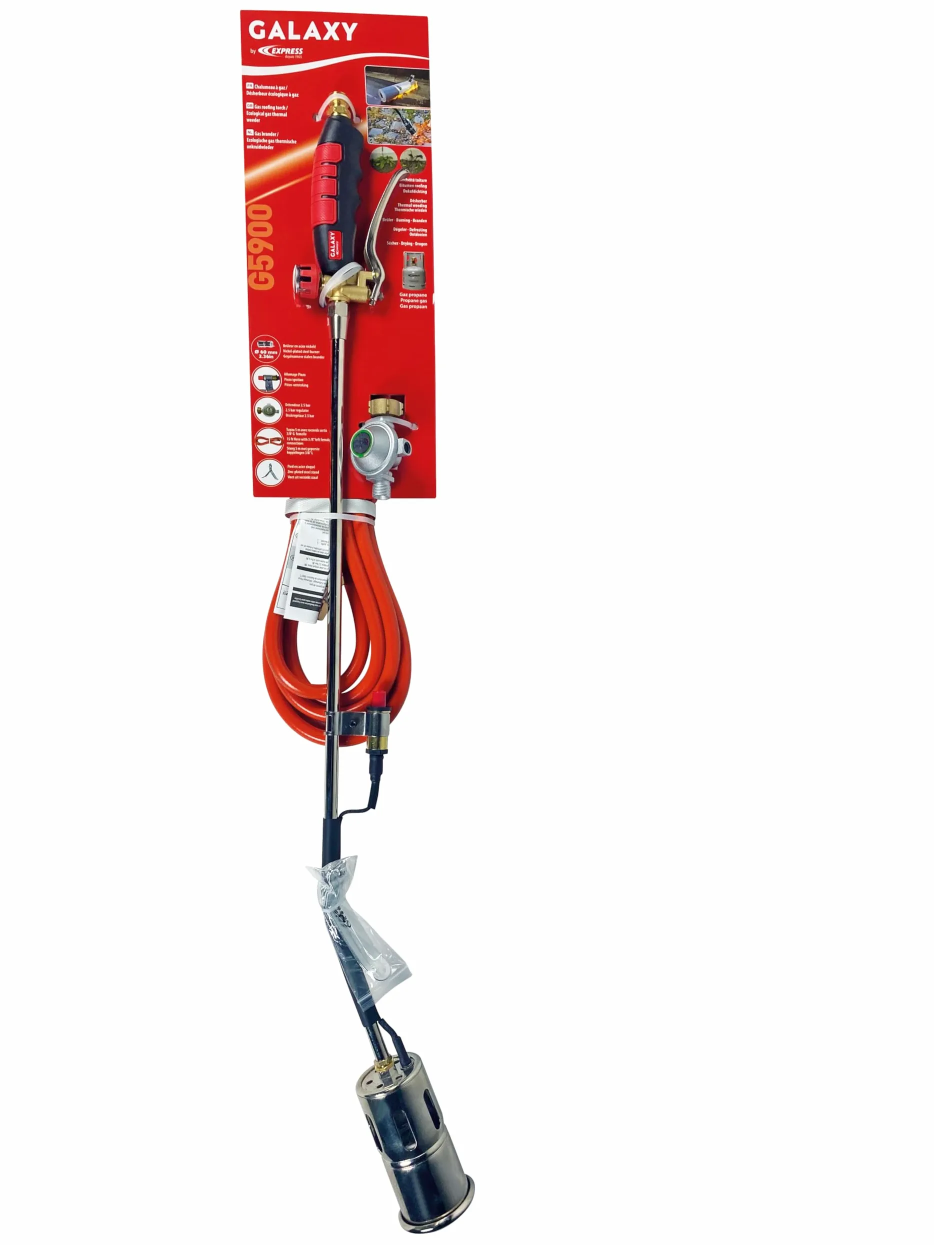 Express, G5900, Désherbeur thermique contre les mauvaises herbes, Manche à gachette, Col de 600mm, Tuyau 4,75m avec raccords sertis, Détendeur 2,5bar, Bruleur acier zingué anti corrosion