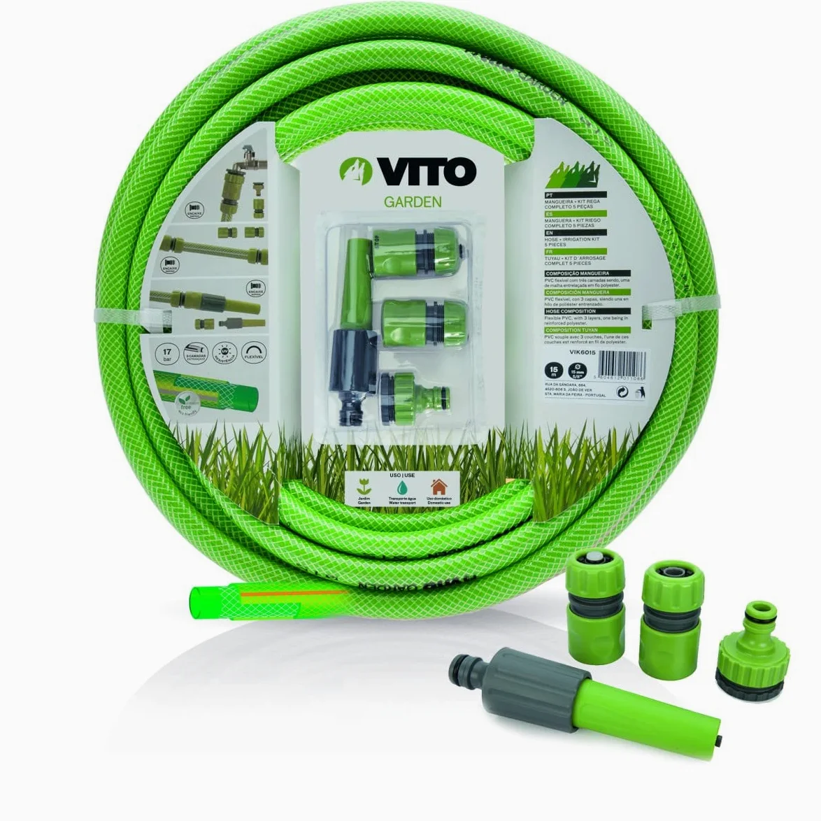 VITO - Tuyau d'arrosage 19mm 25m KIT PVC renforcé avec lance multi jet+ 2 raccords auto+ nez de robinet