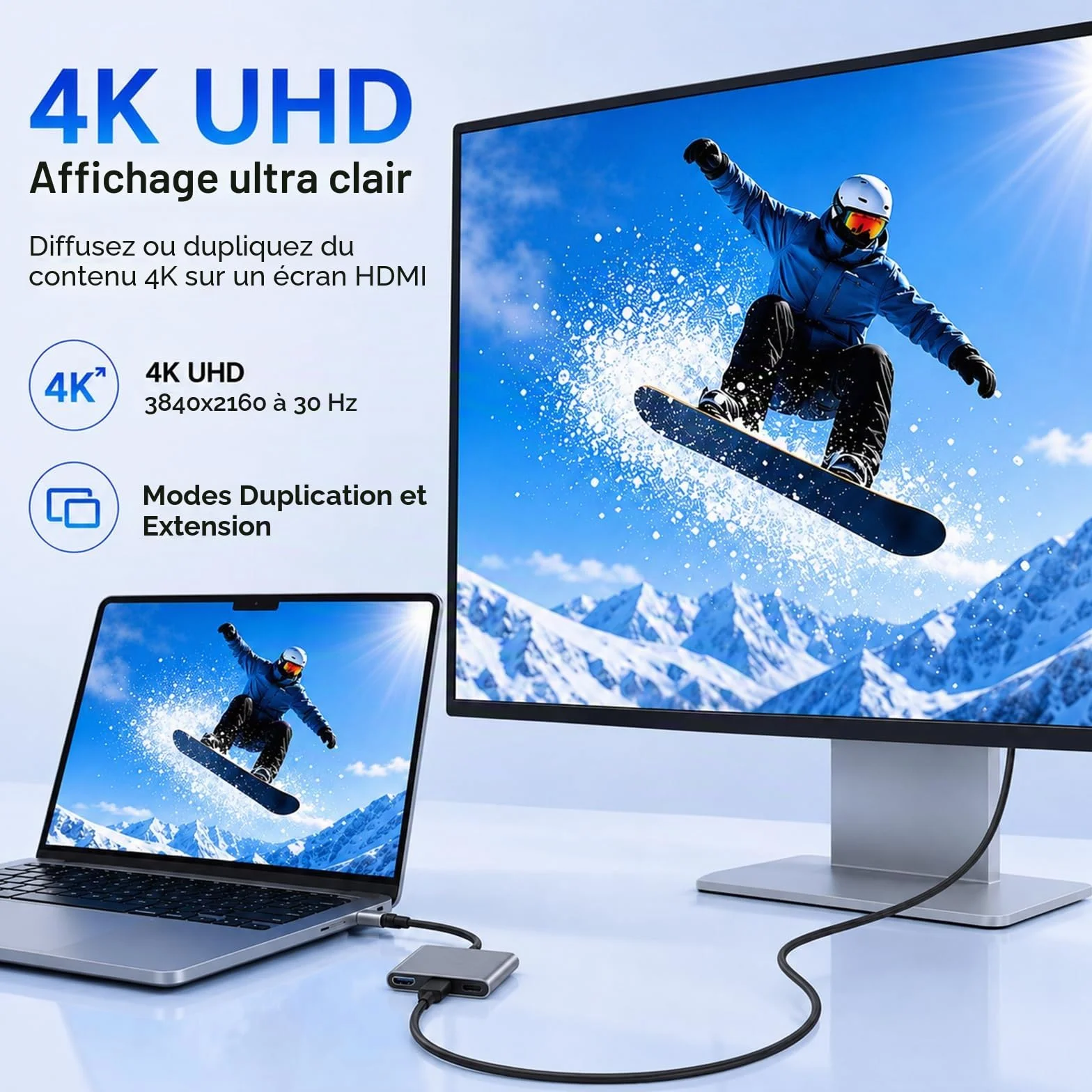 Adaptateur USB C vers HDMI 4K, Hub Multiport 3 en 1 avec PD Charge 100W, USB 3.0 pour Samsung MacBook Pro