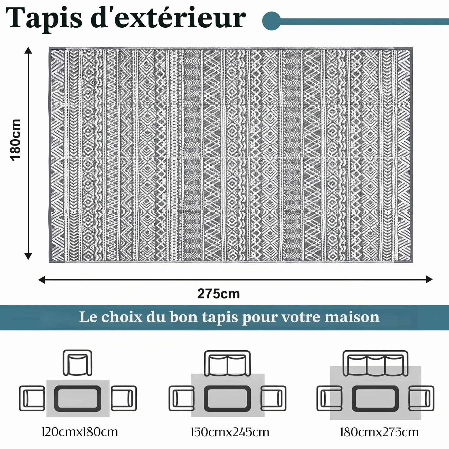 Alishomtll Tapis d'extérieur résistant aux intempéries, 180 x 275 cm, en plastique imperméable, pour terrasse, jardin, balcon, réversible, résistant aux UV, tapis extérieur, camping, pour barbecue