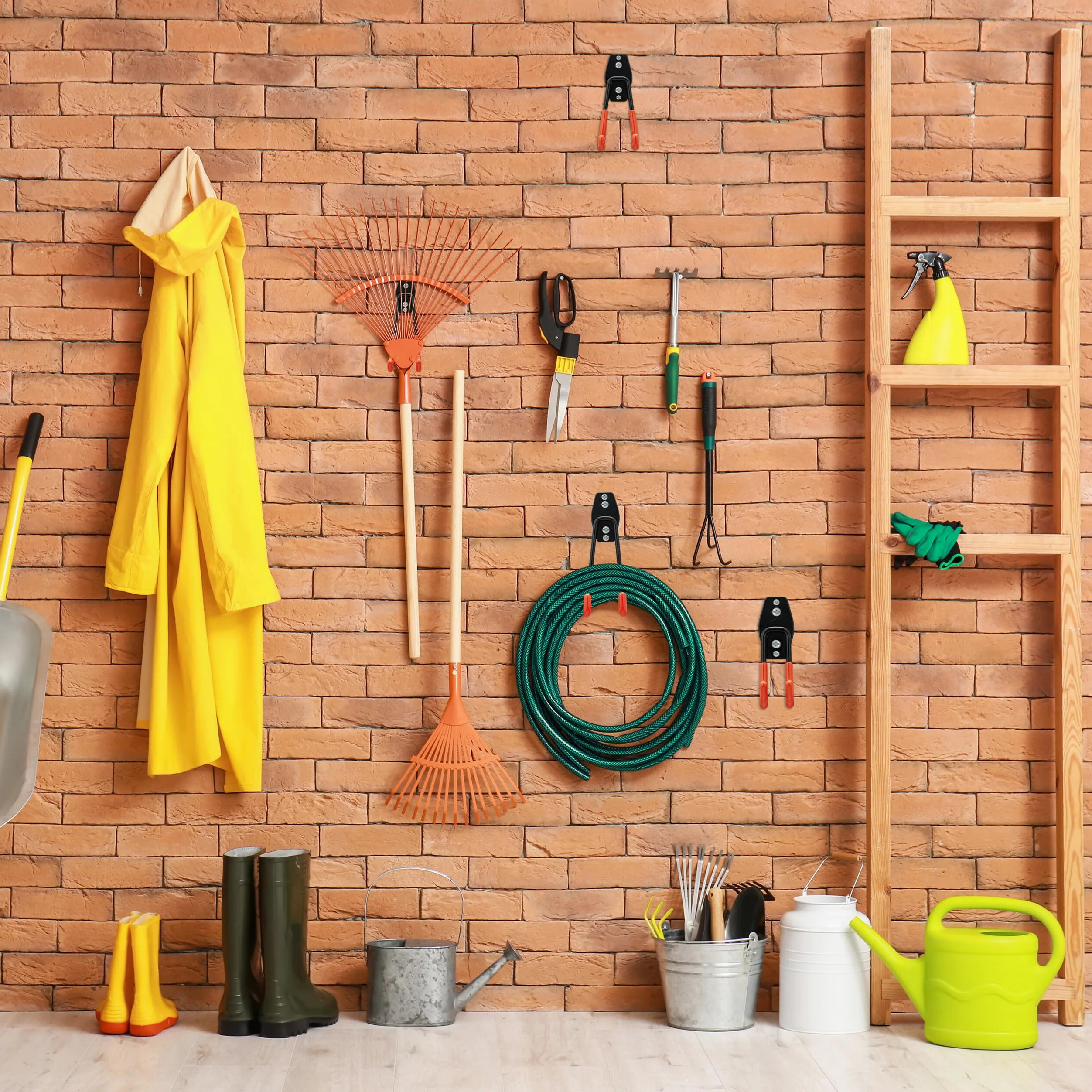 Relaxdays Crochet Mural, Set de 14, Support pour Outils, Acier, caoutchouté, Rangement Outils de Jardin, Noir-Orange