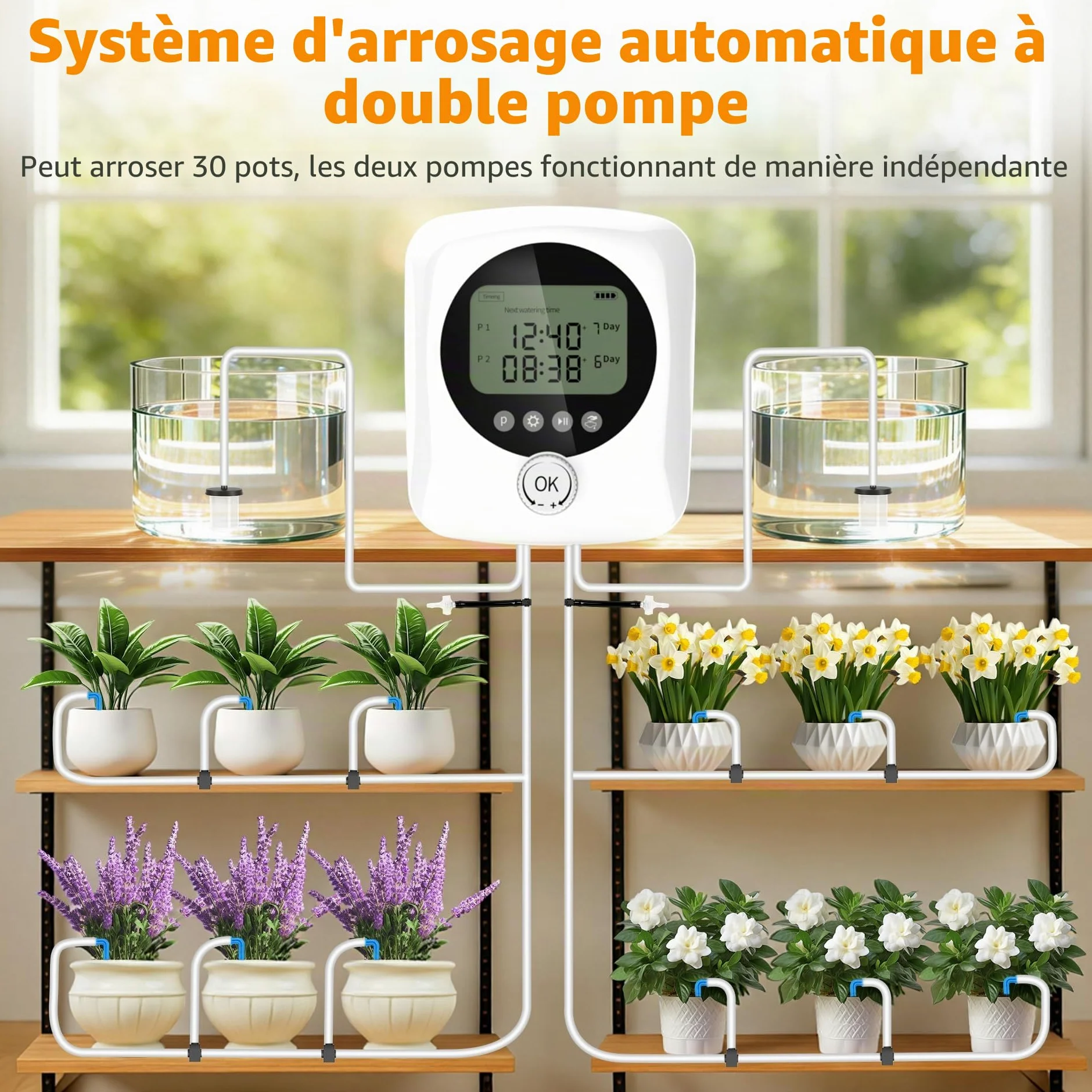 Arrosage Automatique Double Pompe Kit Goutte à Goutte Rechargeable USB-C 4400mAh, Programmateur avec Minuterie Réglable, Débit 800ML/Min, 20m Tuyau + 30 Goutteurs pour Jardin Balcon