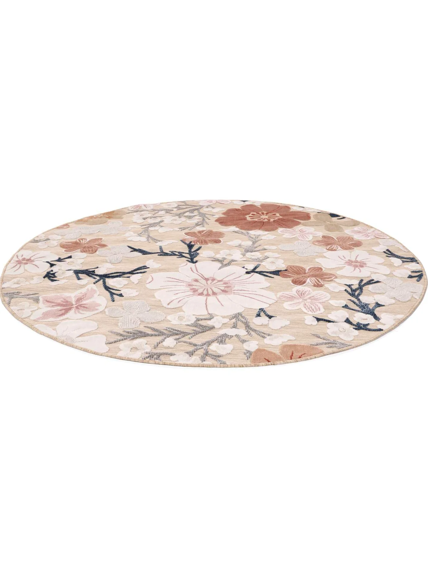 RugVista Cherri Tapis intérieur et extérieur, Rond, Ø 200 cm, Beige/Rose | Modernes, Poil ras, Lavage à la main seulement, Oeko-Tex 100, Résistant aux UV, Salle de séjour, Cuisine, Porch