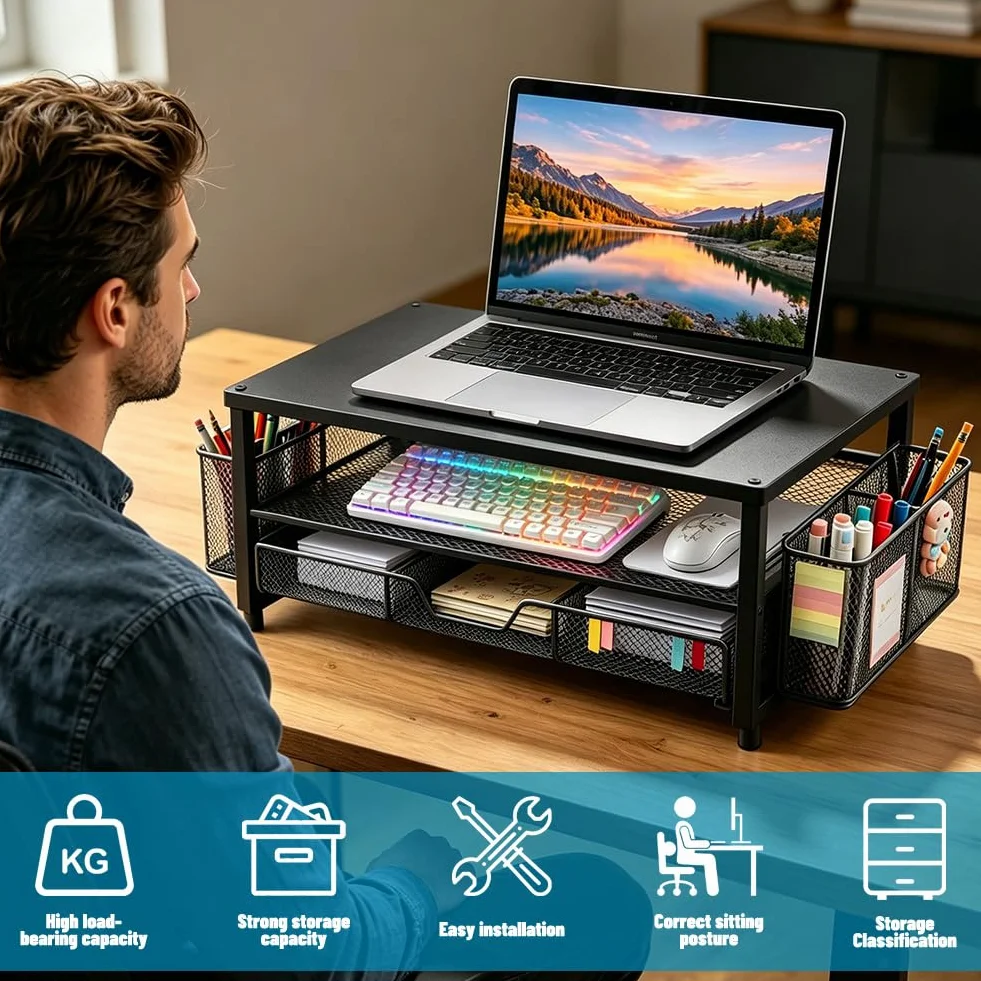Support Écran de Bureau avec Tiroir et Double Porte-Stylos, Rehausseur Ergonomique pour Moniteur et Ordinateur Portable