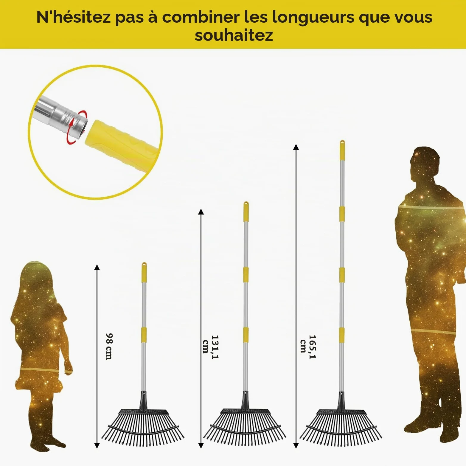 Stanew Râteau à Feuilles de Jardin, Râteau à Feuilles avec Manche Télescopique avec 25 Dents, Kit de Outillage de Jardin pour Ramasser Les Feuilles ou l'herbe Coupée (Longueur de la Tige 165CM)