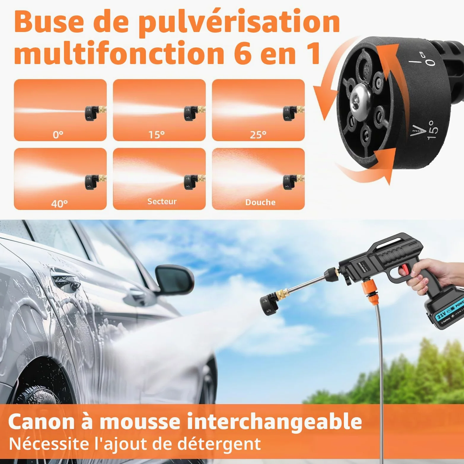 Nettoyeur haute pression sans fil Yelyee, 21 V, 100 bars, portable, avec 2 batteries lithium de 3 000 mAh, buse 6 en 1, tuyau de 5 m, débit de 270 l/h pour voiture, sols, terrasses et fenêtres.