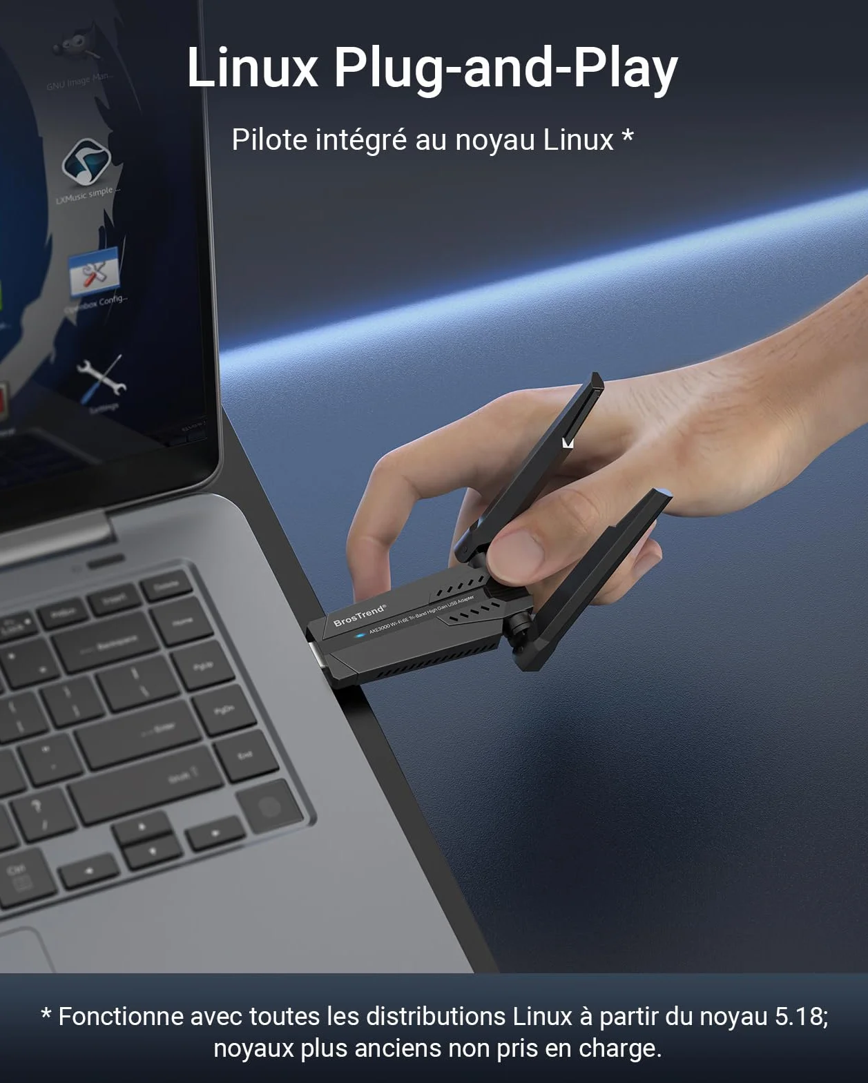 BrosTrend AXE3000 Clé WiFi Linux USB 6E Tri-Band 6GHz/5GHz/2.4GHz USB3.0 WPA3