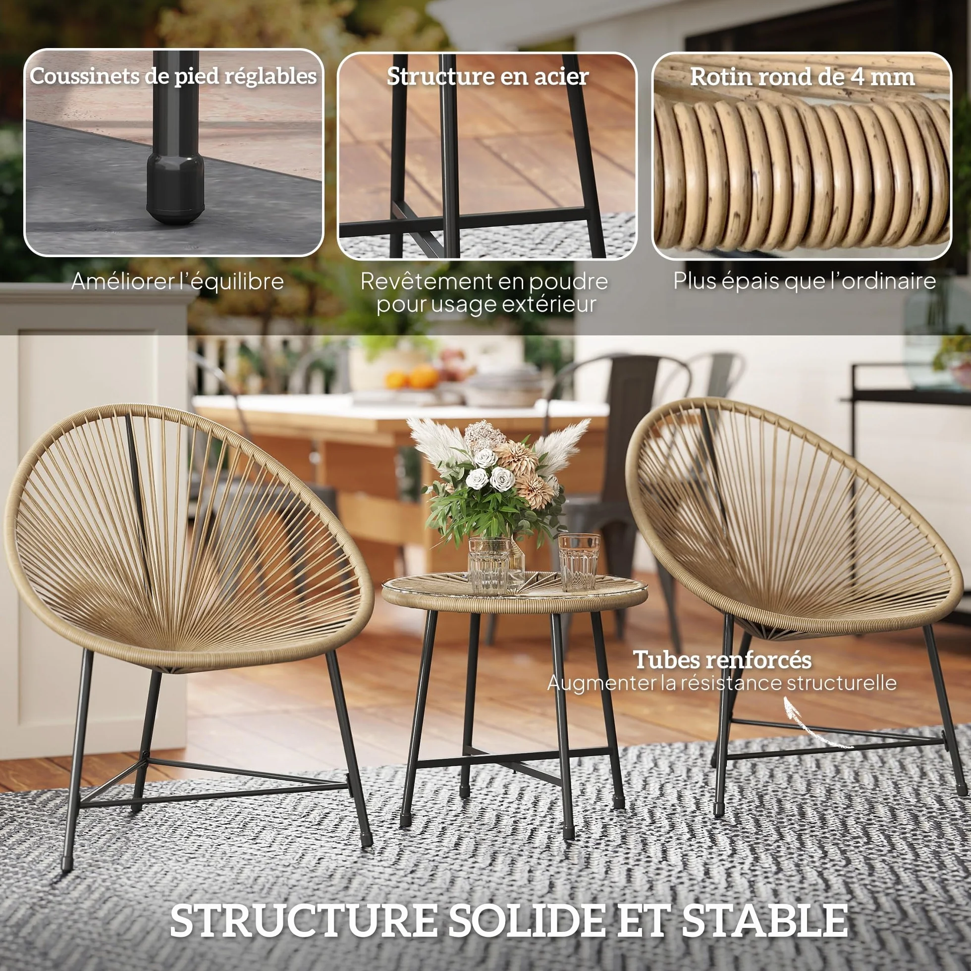 Outsunny Salon de Jardin extérieur en résine tressée 2 Personnes, Table avec 2 chaises, Plateau en Verre trempé, Naturel