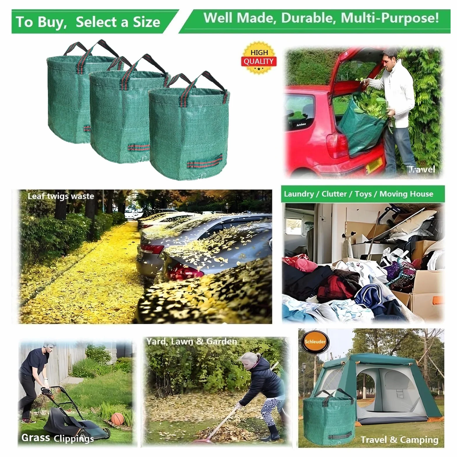 Sacs de Déchets Jardin Résistants PP 500L Lot de 3 Vert