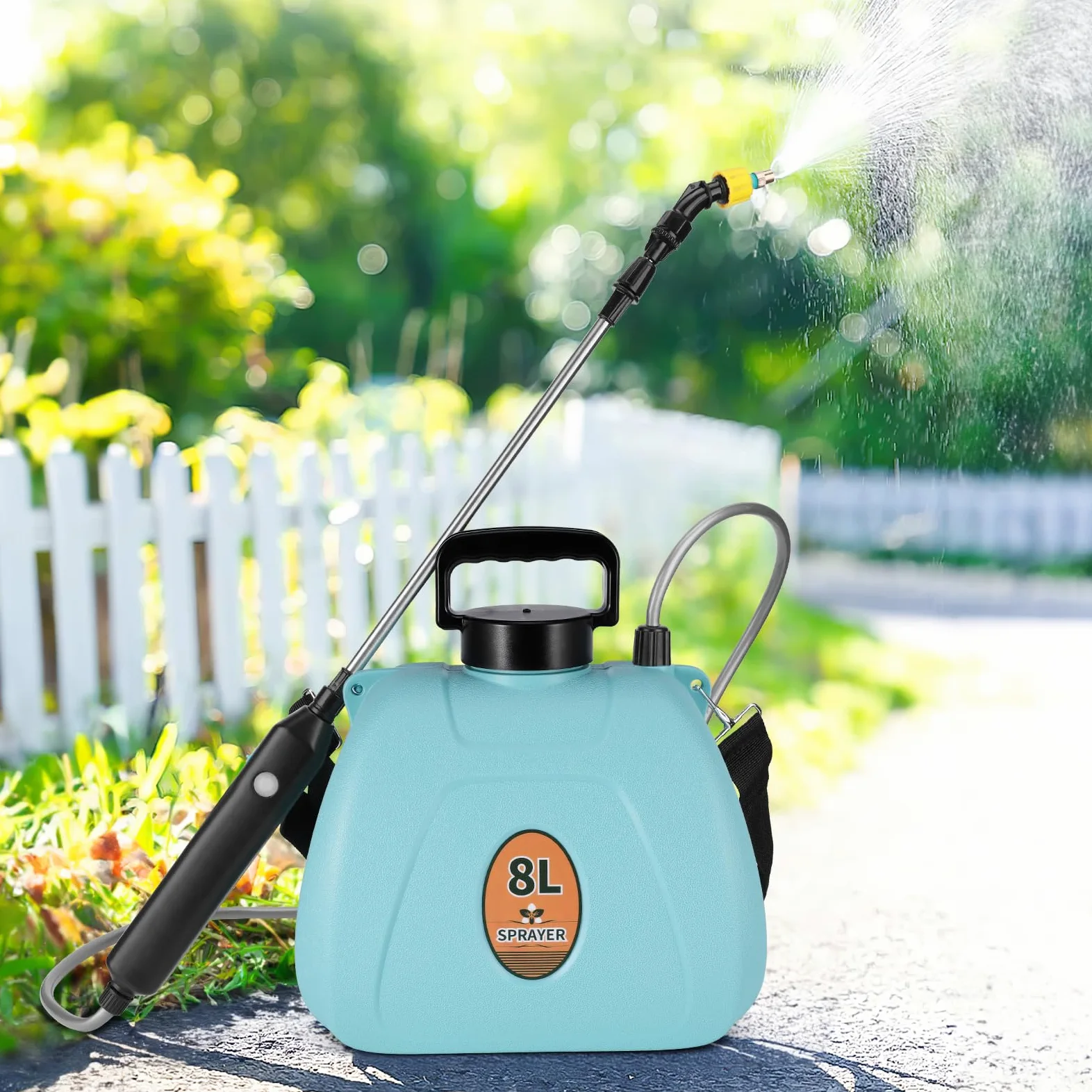 Pulvérisateur à Pression à Batterie 8L Pulvérisateur Électrique Puissant avec 3 Buses de Brume, Pulvérisateur de Jardin à Poignée Rechargeable avec Bandoulière Réglable (Bleu Clair)