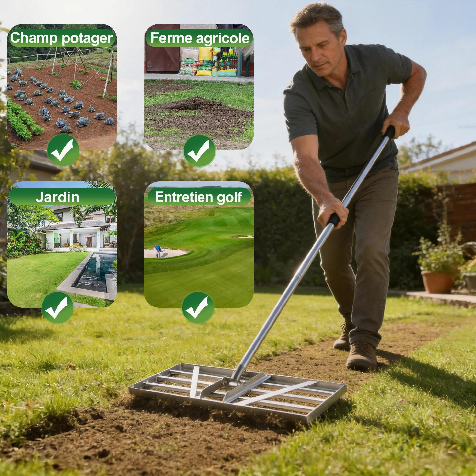 XIIW XXL Râteau de Nivellement Pelouse 85 x 35 cm, Manche Réglable 200 cm | Acier Inoxydable V2A Épaissi, Outil pour Niveler Gazon, Pelouse et Sol, Jardins, Terrains de Golf et de Football