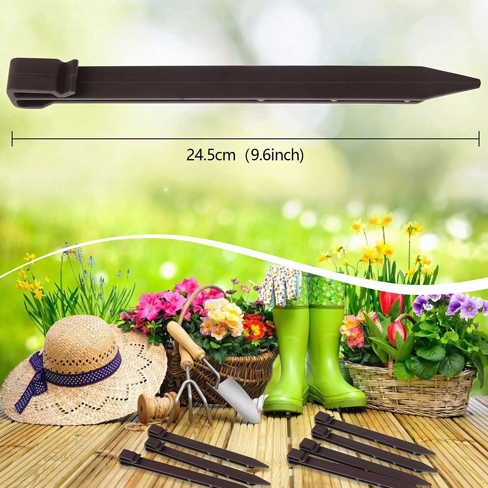 Lot de 50 piquets de sol en plastique de 24.6 cm pour bordures de paysage, planches de terrasse et pelouse de jardin, piquets robustes pour sable et bois de plage (marron)