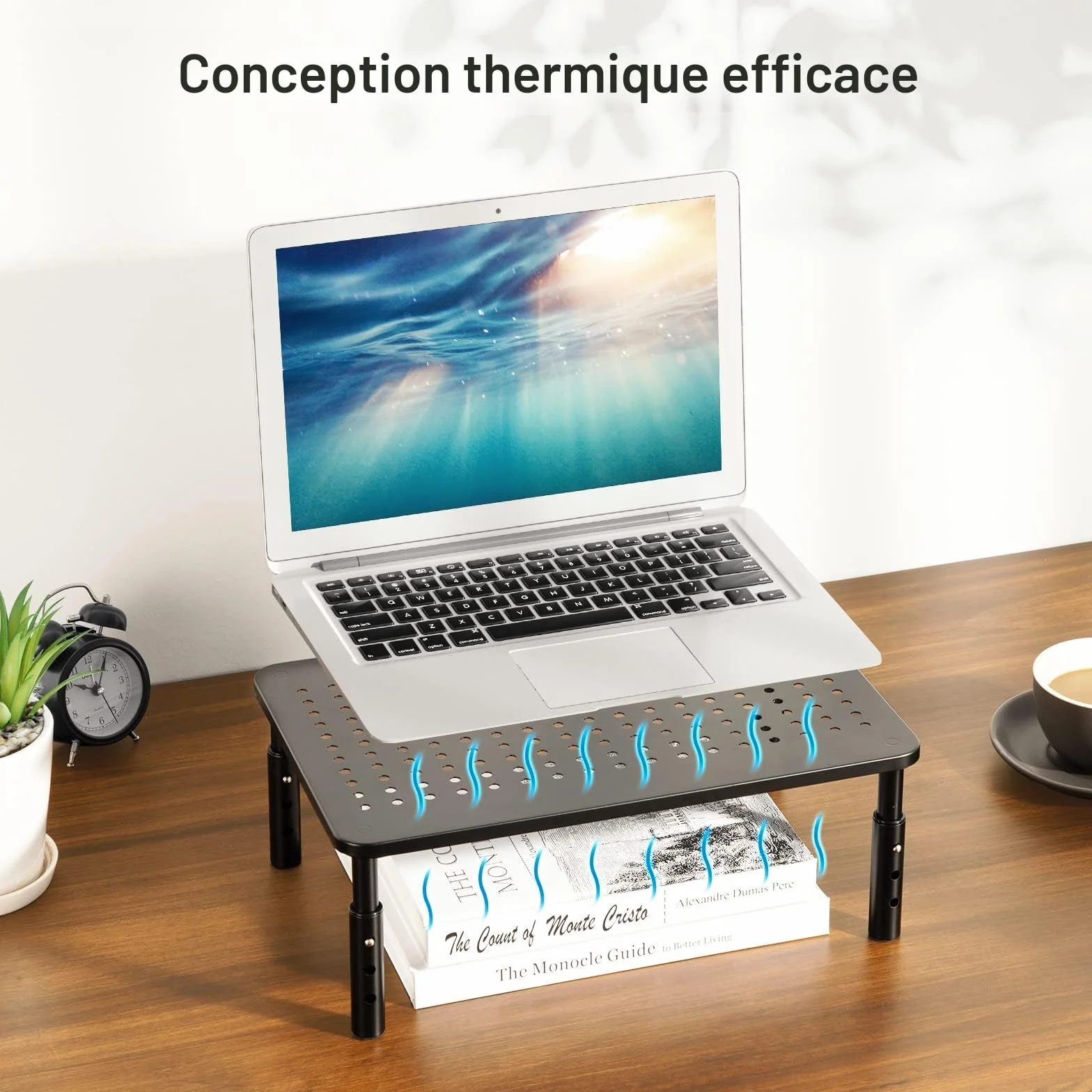 HUANUO Support élévateur pour moniteur 3 hauteurs ergonomiques ajustables avec trous d'aération pour moniteur, ordinateur portable, imprimante (2 paquets)