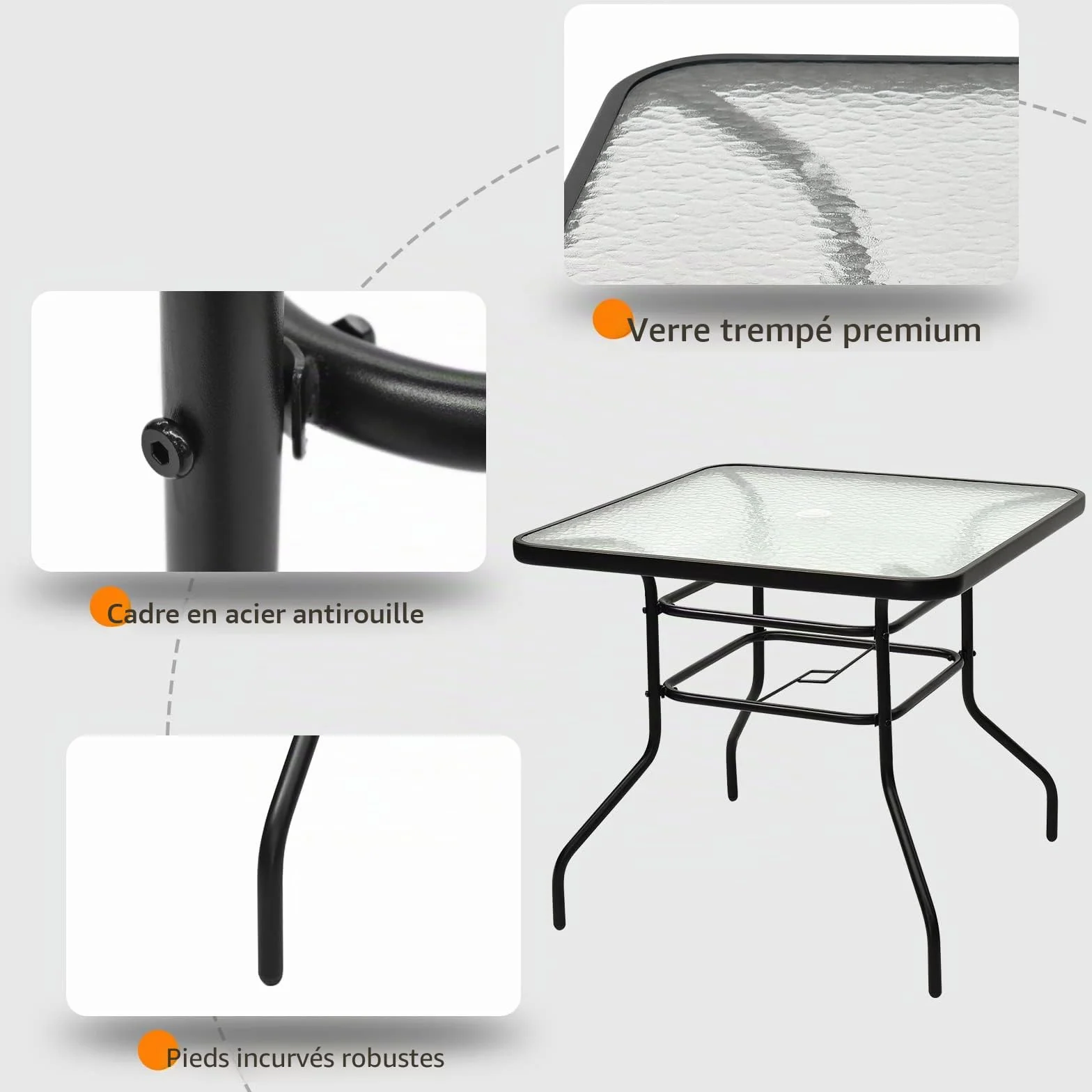 GIANTEX Table de Jardin Carré 81x81 cm Verre Trempé avec Trou de Parasol Métal Laqué