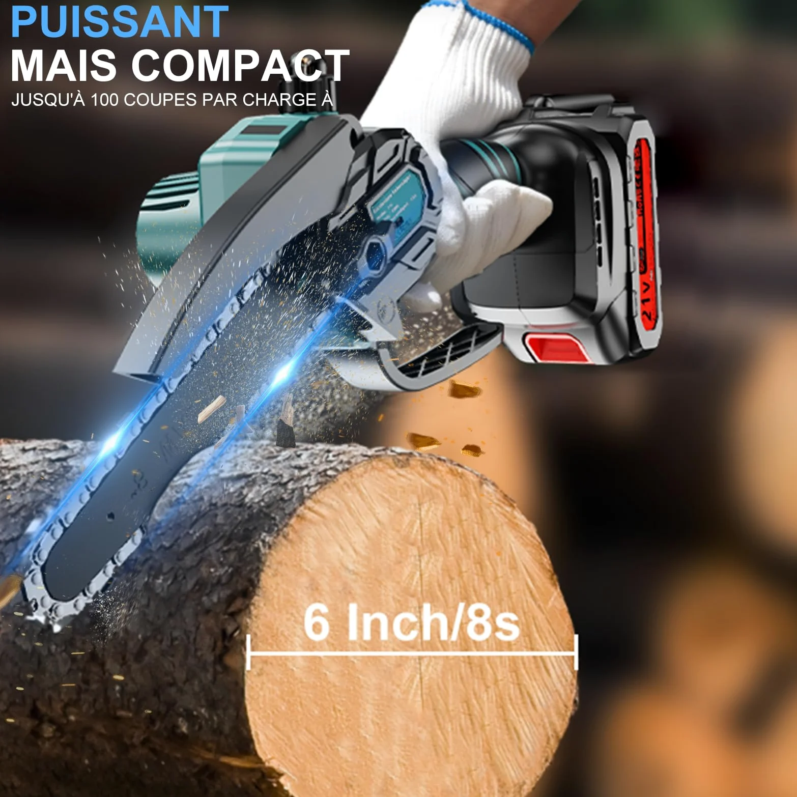 Mini tronçonneuse, 6 Pouces Tronçonneuse Électrique sans Fil | batterie 2×2.0Ah, Injecteur de Lubrifiant et 2 chaînes, indicateur de niveau de charge, 550 W,