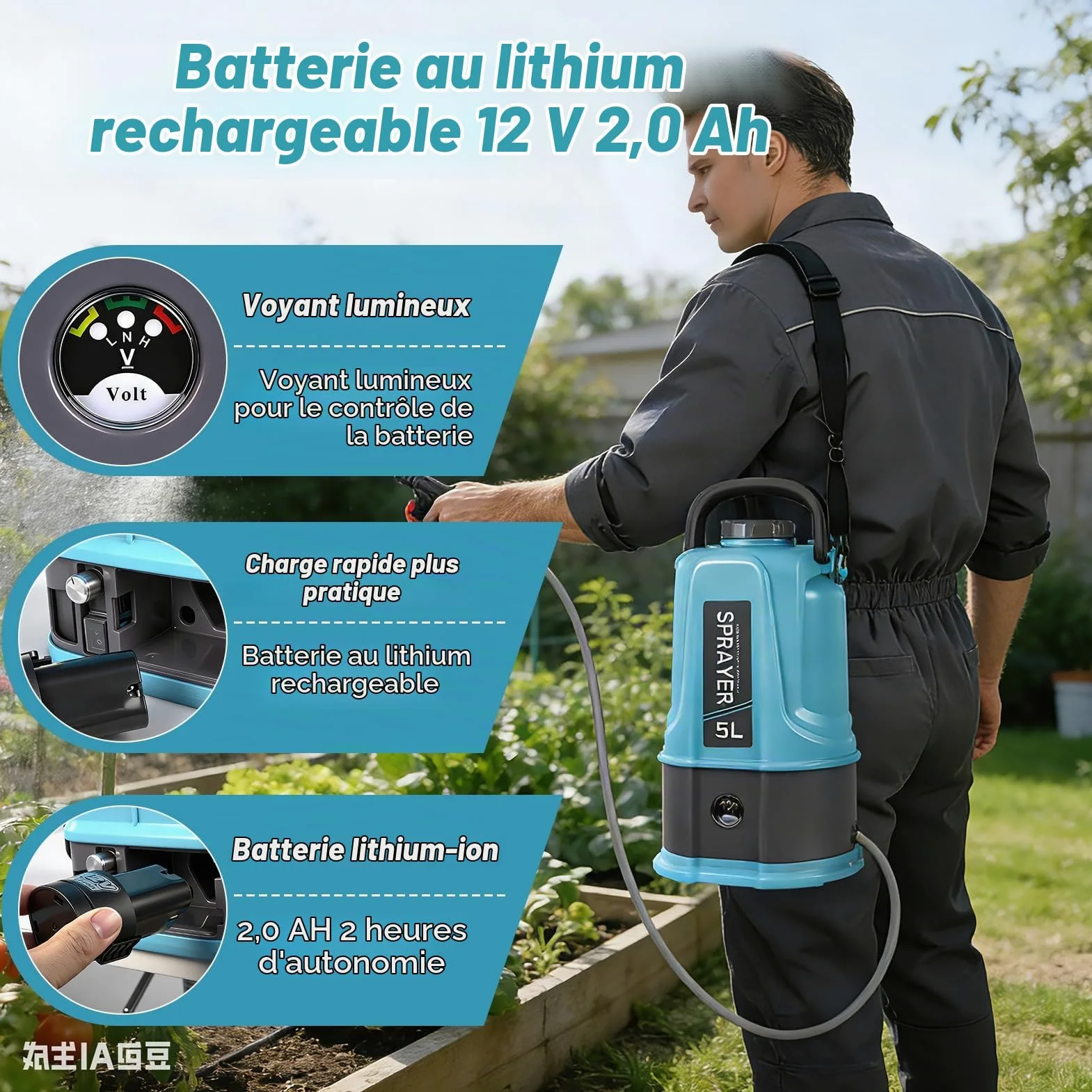 Pulverisateur Electrique 5L,45PSI Pulvérisateur à Batterie Compatible avec Makita 12V Batteries,Pulvérisateur de Jardin avec 5 Buses Reglables,Lance Télescopique,2.0 Ah Batterie,Chargeur