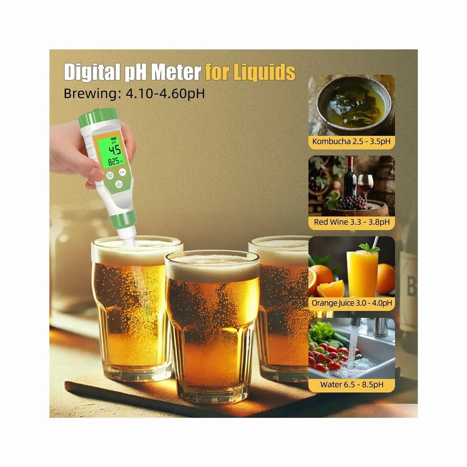 Testeur de pH Bluetooth for sols, Aliments, liquides, kit d'étalonnage température Haute précision for Culture hydroponique, Brassage Viande Jardinage, Agriculture