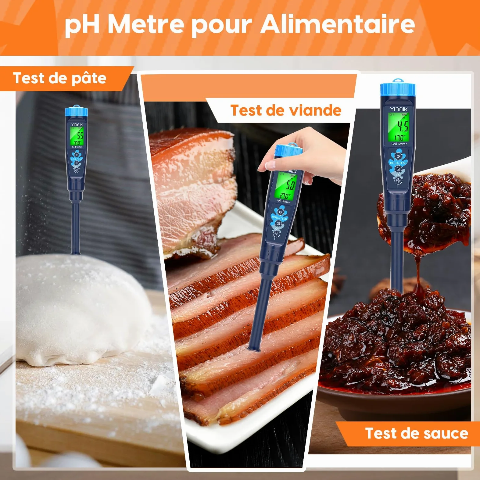 YINMIK pH Mètre de Sol Électronique, Testeur pH de la Terre pour Alimentaire, Eau, Mesurer Le pH des Plantes, Jardin, Fermes, Cours, Pâte Fermentée, Piscine, Aquarium, Brassage
