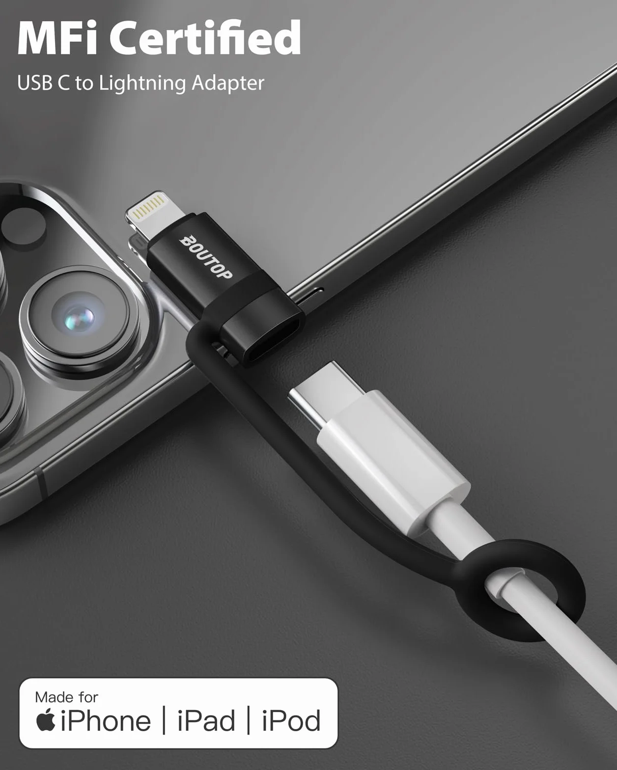 BOUTOP Adaptateur USB C vers Lightning 36W Charge Rapide Compatible iPhone iPad Noir 1 Paquet