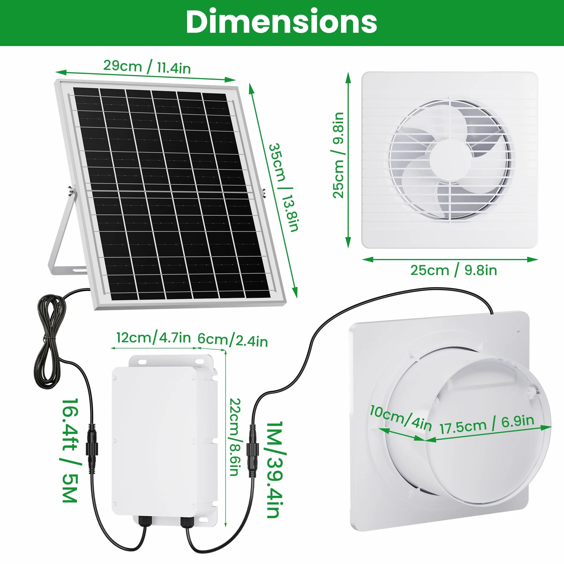 Ventilateur d'extraction Solaire 24000mAh 25W avec Batterie et clapet Anti-Retour, étanche