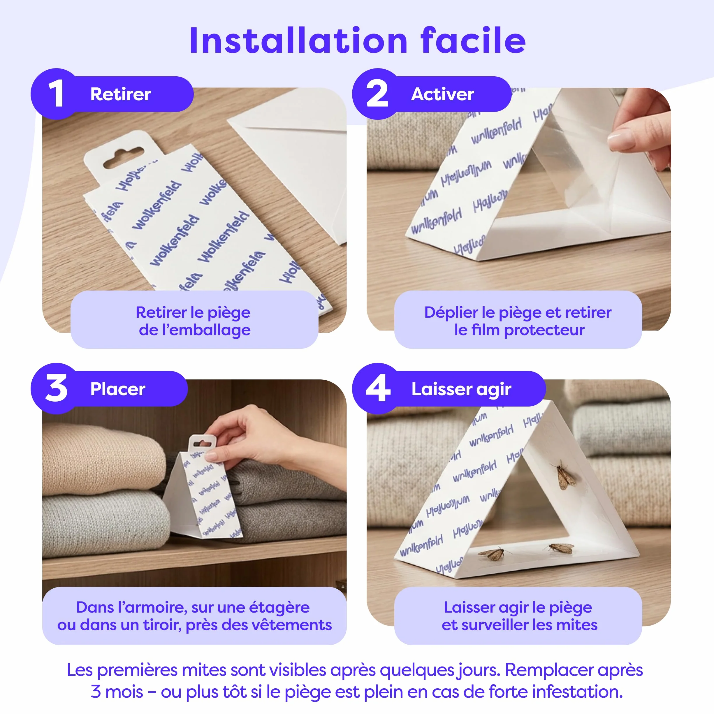 Wolkenfeld Anti Mites Textiles Piège à Mites Vêtements Adhésifs 8 Pièges Laine Cachemire 100% Naturel Fabriqué Allemagne