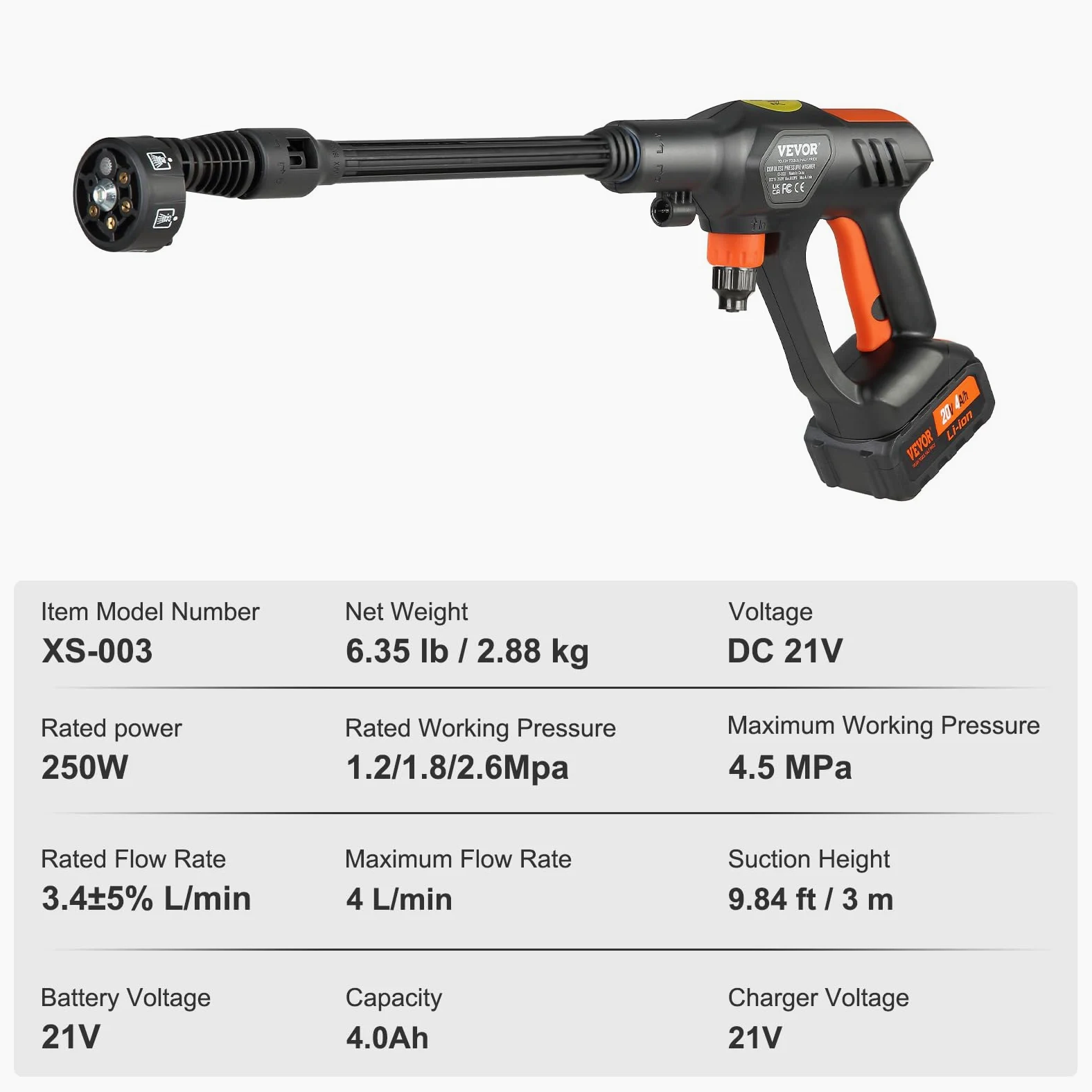 VEVOR Nettoyeur Haute Pression sur Batterie sans Fil 21 V Nettoyeur Haute Puissance Portable 652 PSI 50 Bar Laveuse Électrique 4 L/Min Batterie 4,0 Ah Chargeur pour Nettoyage Terrasse Jardin Voiture