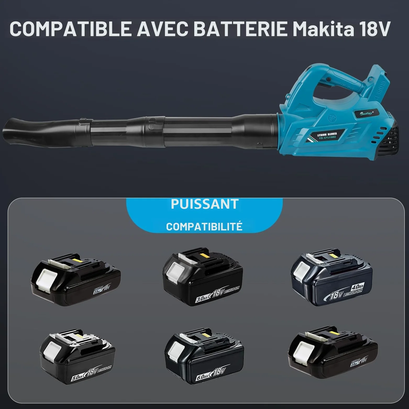Waitley Souffleur pour Batterie Makita 18V, 297 km/h, 6 Vitesses | Souffleur sans fil léger avec 6 vitesses, tube amovible et fixation murale; batterie et chargeur non inclus