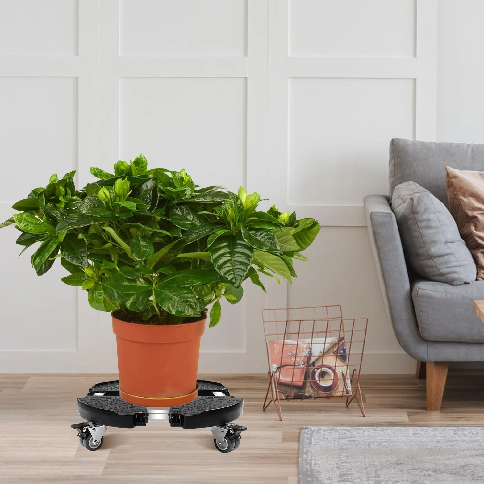 Porte Plante à Roulettes Réglable 40-58.5cm, Support Pot de Fleur Rond 250 kg, Chariot Plantes Noir Roues 360°