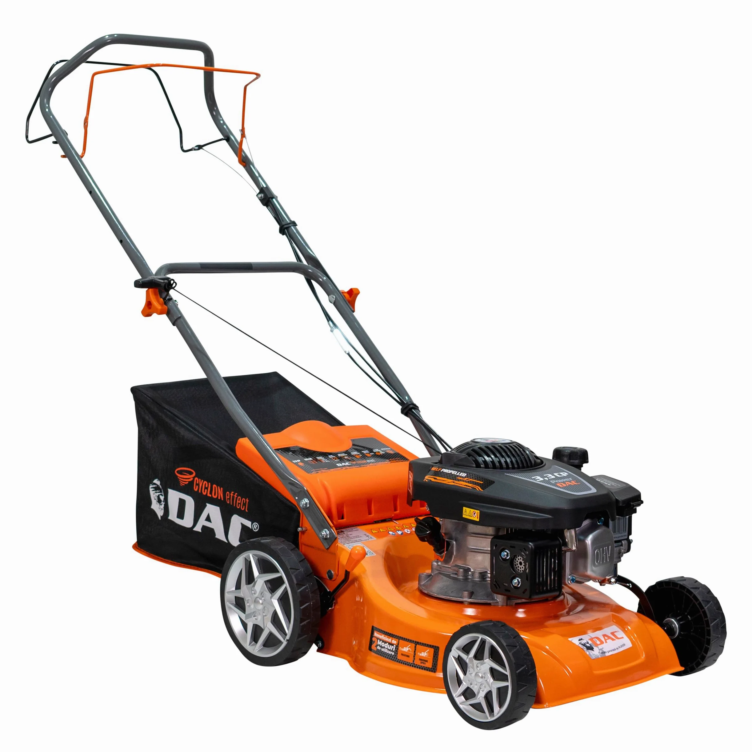 RURIS Tondeuse à Gazon Thermique Autotractée DAC 110XLS – Moteur 3,3 CV 131 CC, Largeur de Coupe 400 mm, Hauteur réglable 25-65 mm, bac 45 L, éjection arrière, châssis en métal