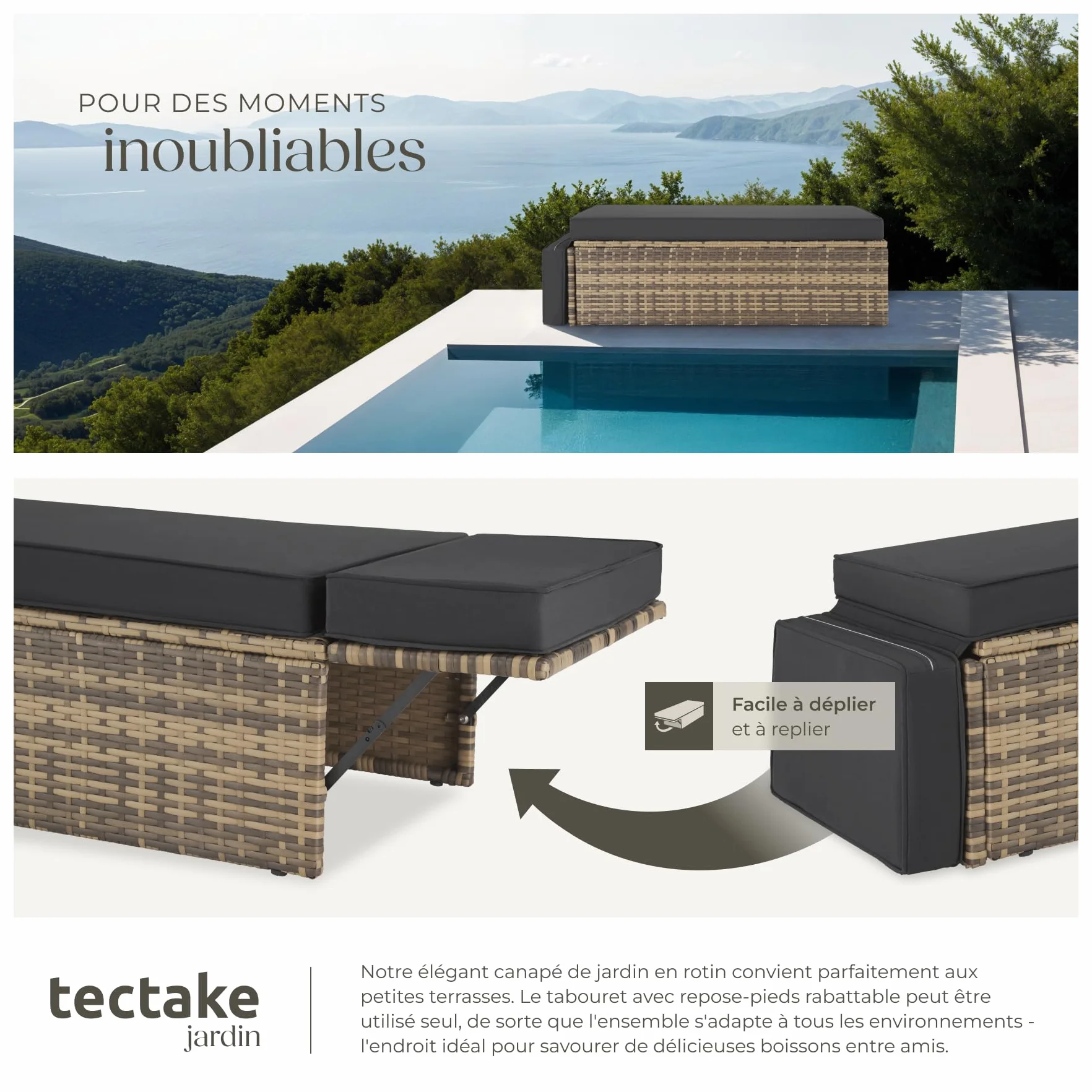 Tectake Salon de Jardin Poly Rotin Modulable Bain de Soleil 2 Places 1 Canapé 1 Tabouret Pouf Repose-pieds Inclinable