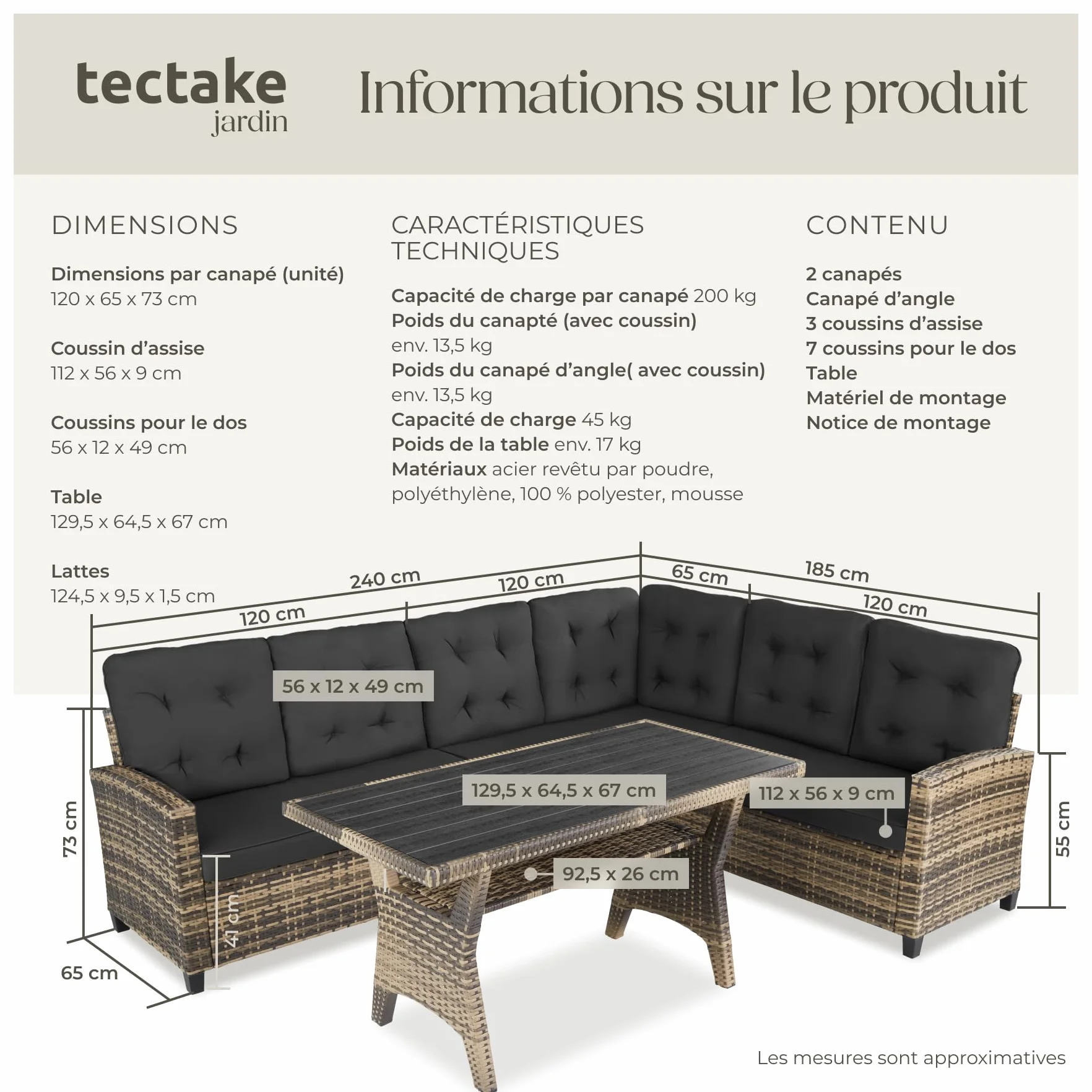 tectake Ensemble Salon de Jardin XXL Poly Rotin Canapé 6 Places Table Jardin Mobilier Exterieur