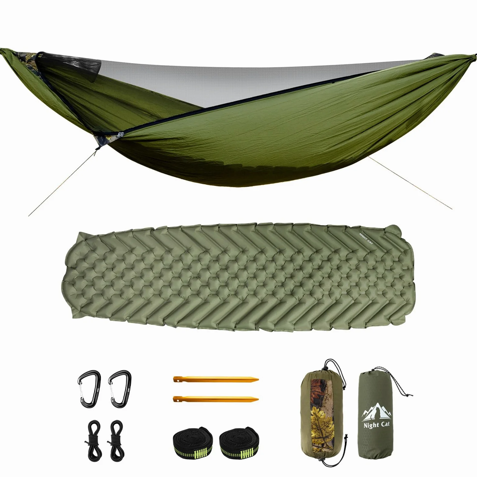 Nigt Cat Hamac Extérieur pour 1 Personne: Hamac Moustiquaire Léger Suspendu avec Matelas Gonflable pour Camping Bivouac Et Randonnée