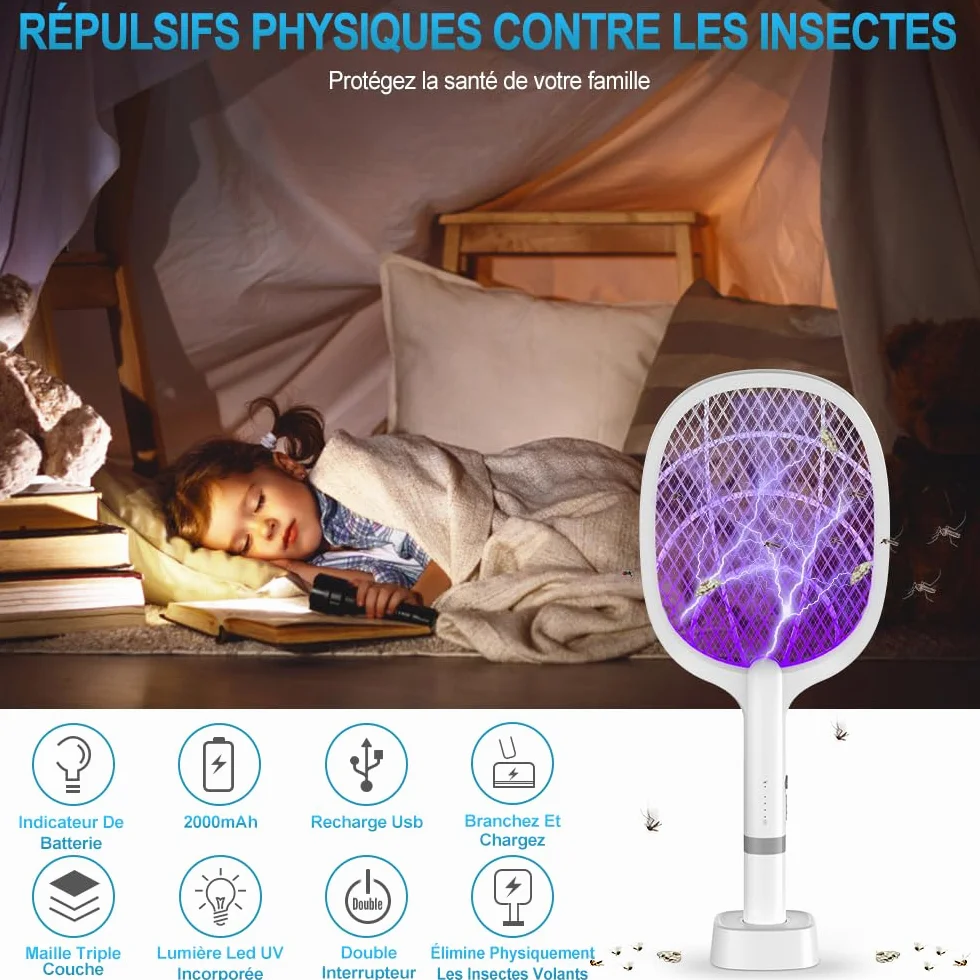 DANGZW Tapette à Mouches Électrique 5000V 2 en 1 2000 mAh USB Rechargeable avec Base de Chargement