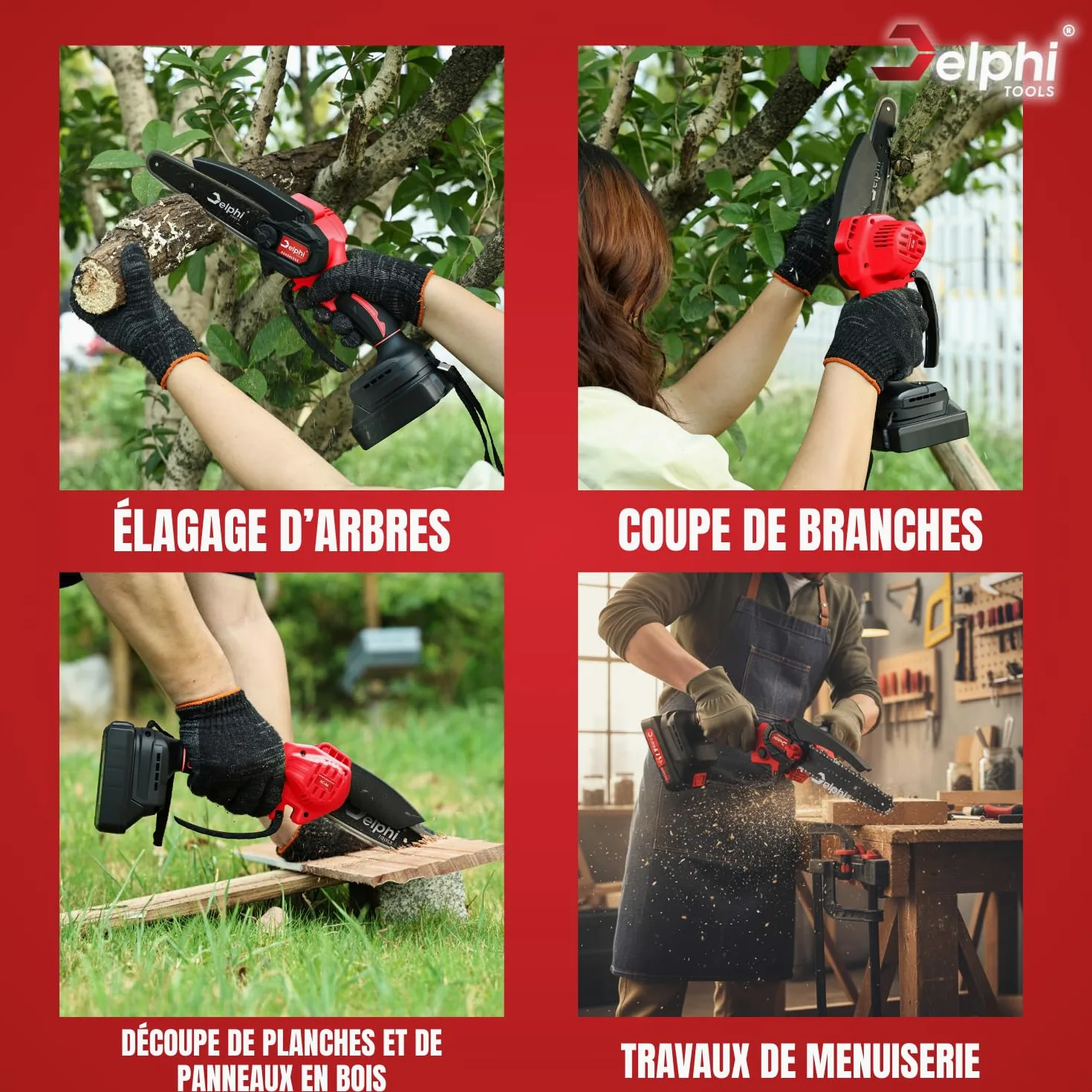 Delphi Mini Tronçonneuse à Batterie 21V 800W - Scie d’Élagage Électrique 4" et 6" avec 2 Batteries, Mini Tronçonneuse pour Couper Branches, Bois, Palettes et Petits Arbres
