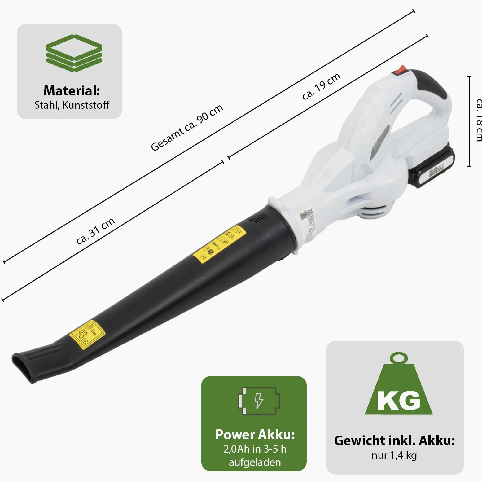 TRUTZHOLM Souffleur à feuilles sans fil 20 V avec batterie de 2000 mAh et chargeur – Souffleur de feuilles sans fil, léger de 1,4 kg avec 90 cm de longueur, 40 min d'autonomie, poignée ergonomique et