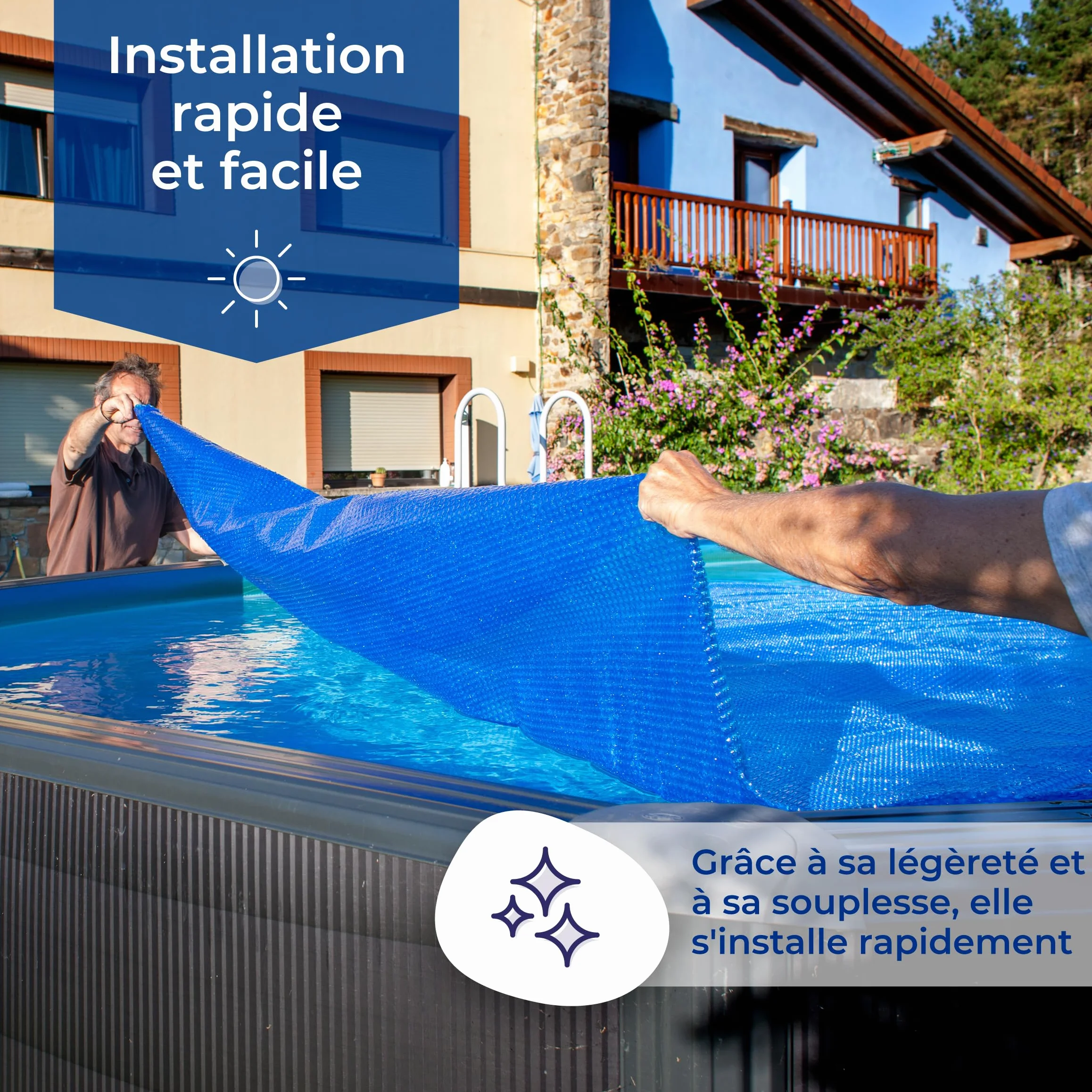 GRE 773324 - Bâche d'été pour piscines ovales de 610x375cm, épaisseur 400µ, Couleur Bleue