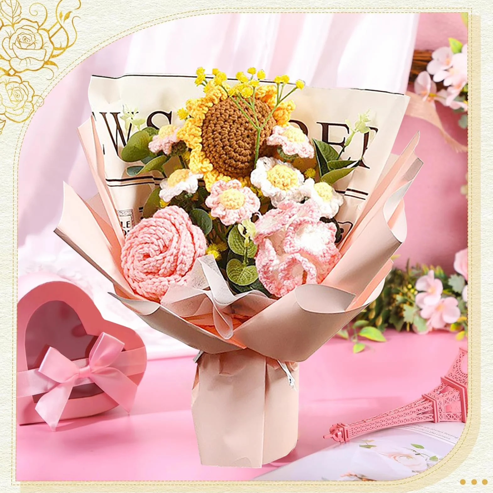 Bouquet de Fleurs au Crochet Fait Main, Tournesol Artificiel, Roses, Marguerites, Kit Cadeau Fête des Mères