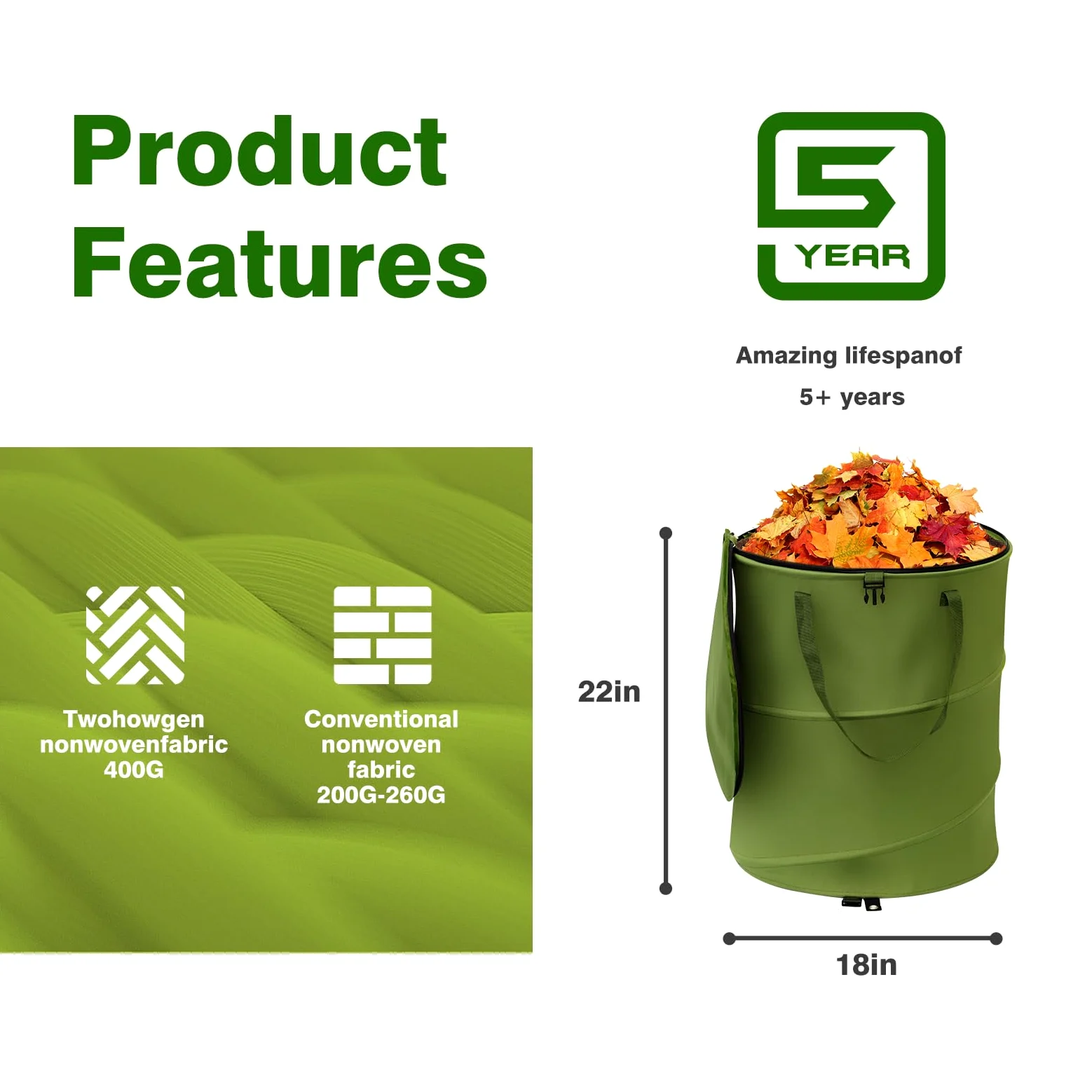 Lot de 2 sacs de jardin réutilisables pour pelouse et feuilles, pliables/dépliables, 45,7 x 55,9 cm et poubelle de recyclage avec couvercle pour rangement de la maison, du linge, du camping,