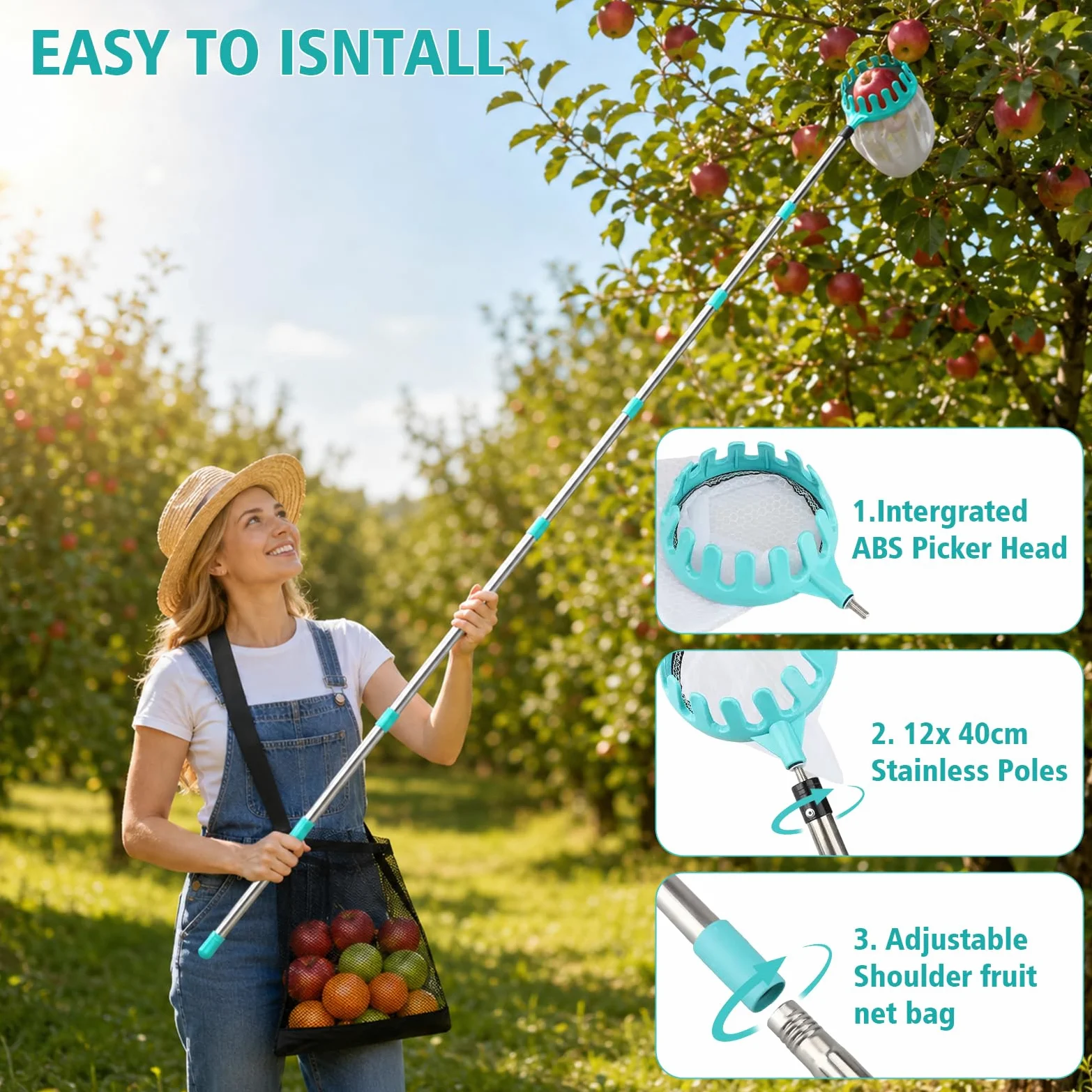 Cueilleuse à fruits de 4,6 m avec manche télescopique et sac à fruits