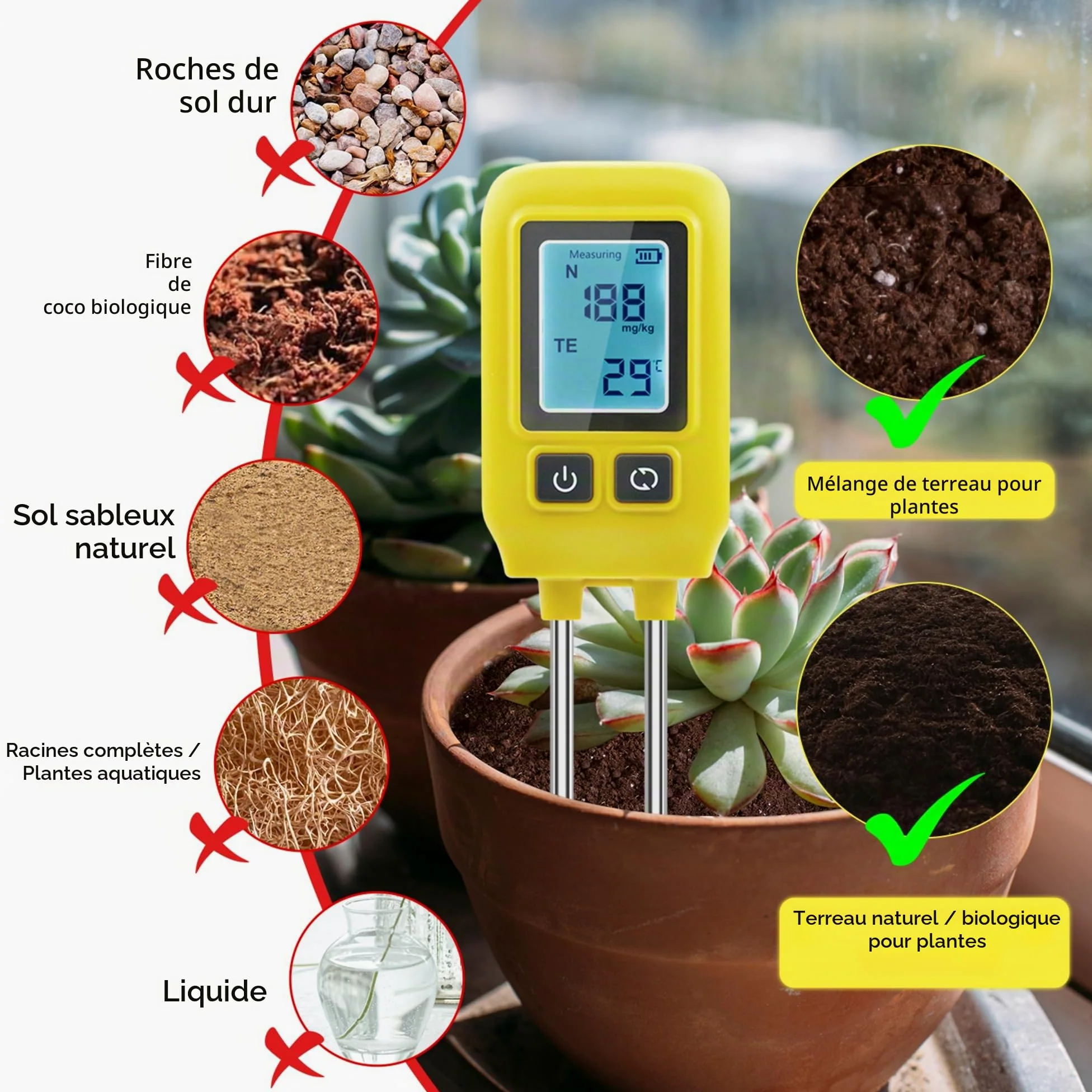 Mcbazel Professional Soil Meter, Instrument de Mesure du Sol 4 en 1,Détecteur d'Éléments Traces P/N/K, Détection de la Santé des Plantes Vertes pour Le Nitrogène/Phosphore/Potassium/Température