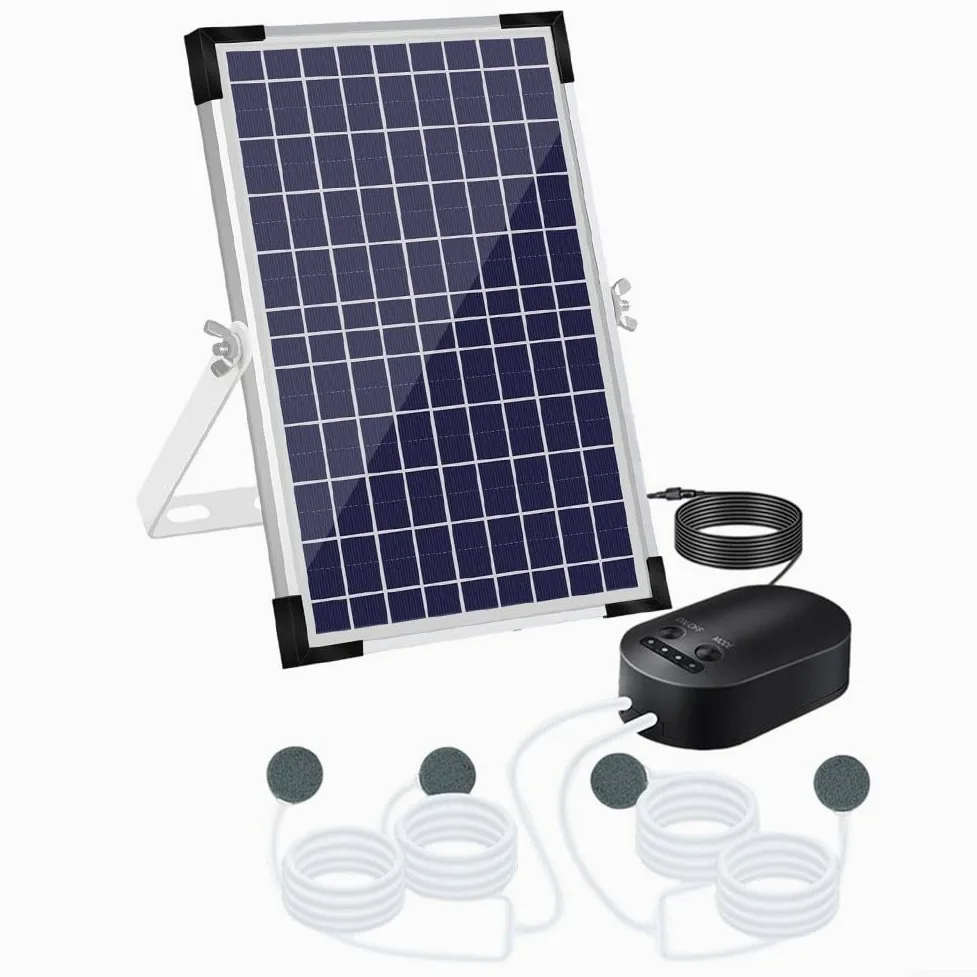 Zoegneer Aérateur de bassin solaire 10 W Pompe oxygénateur avec 3 modes de fonctionnement 4400 mAh 3 modes de fonctionnement Pierres à air Pompe à air solaire pour bassin de jardin aquarium